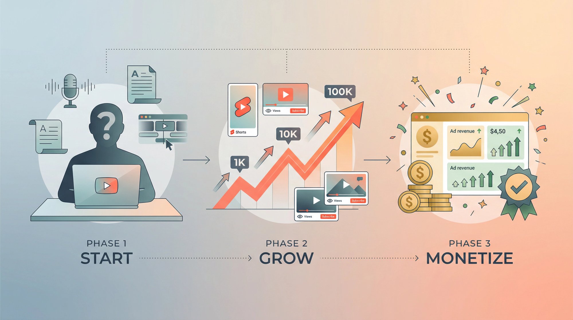 Illustrated journey showing faceless YouTube channel growth from zero subscribers to monetization with analytics dashboard