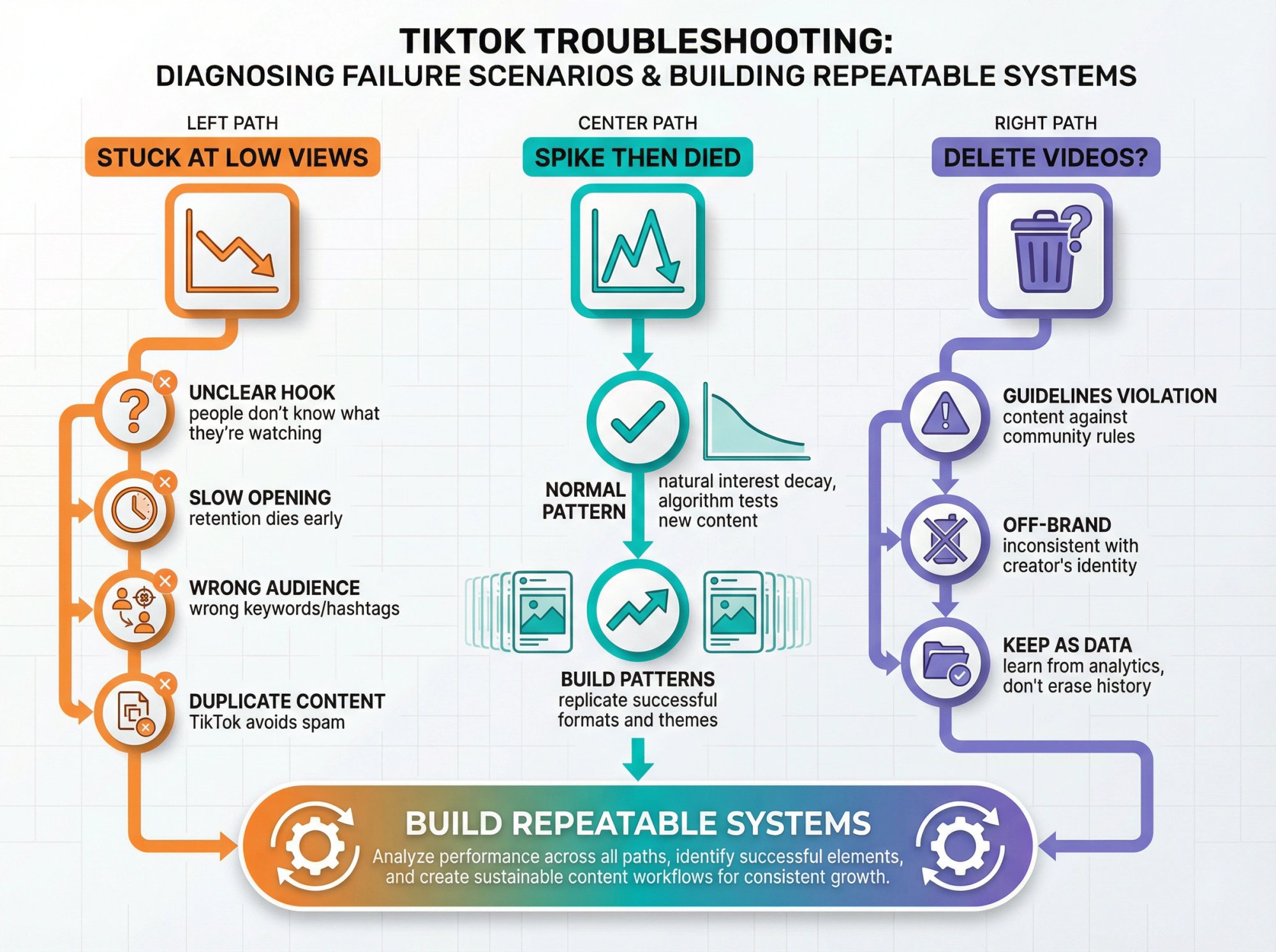 Diagnostic flow chart showing three common paths to TikTok failure with visual indicators and solutions