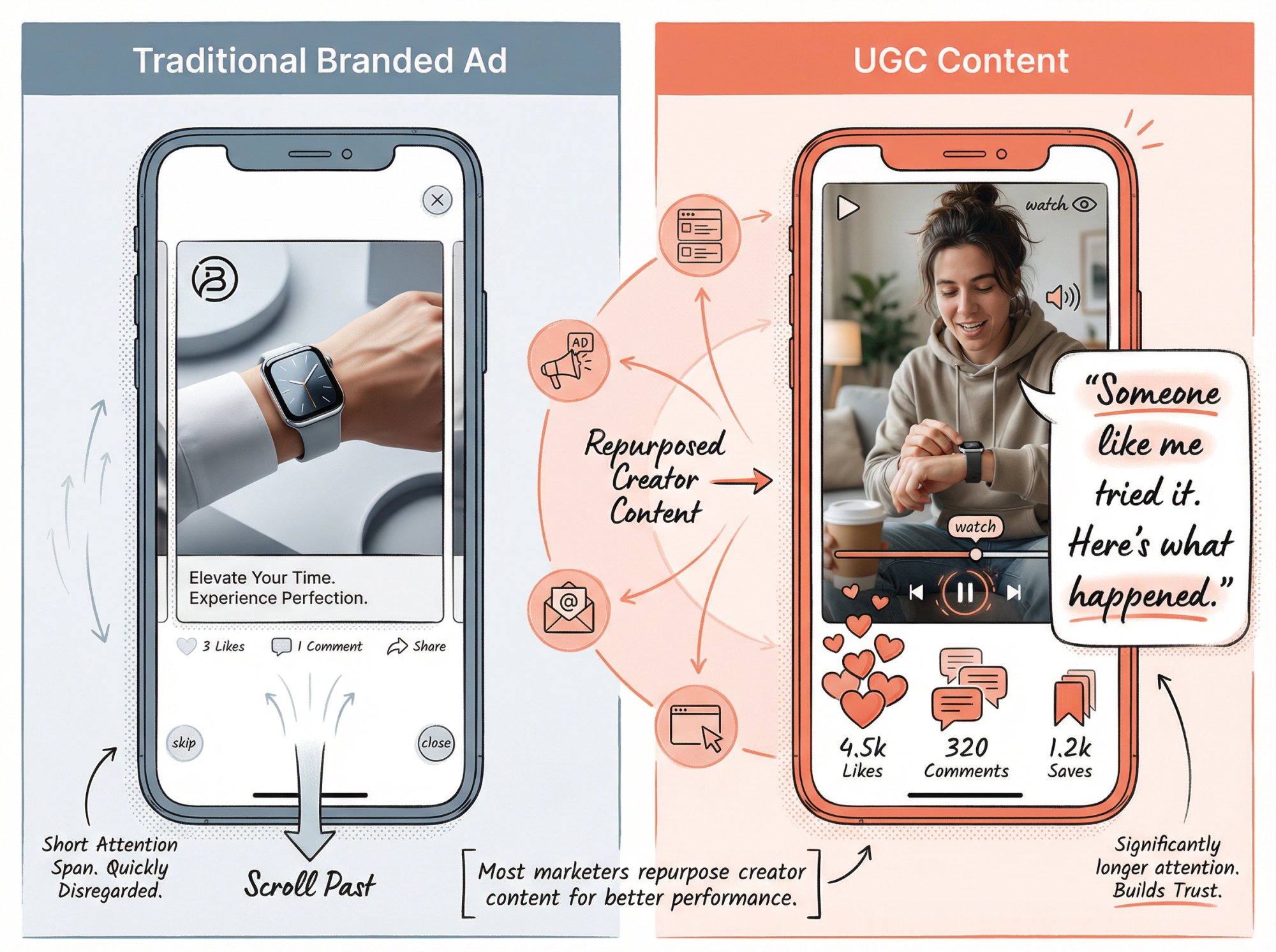 Split-panel comparison showing traditional branded ad versus UGC content with engagement metrics and social proof pattern