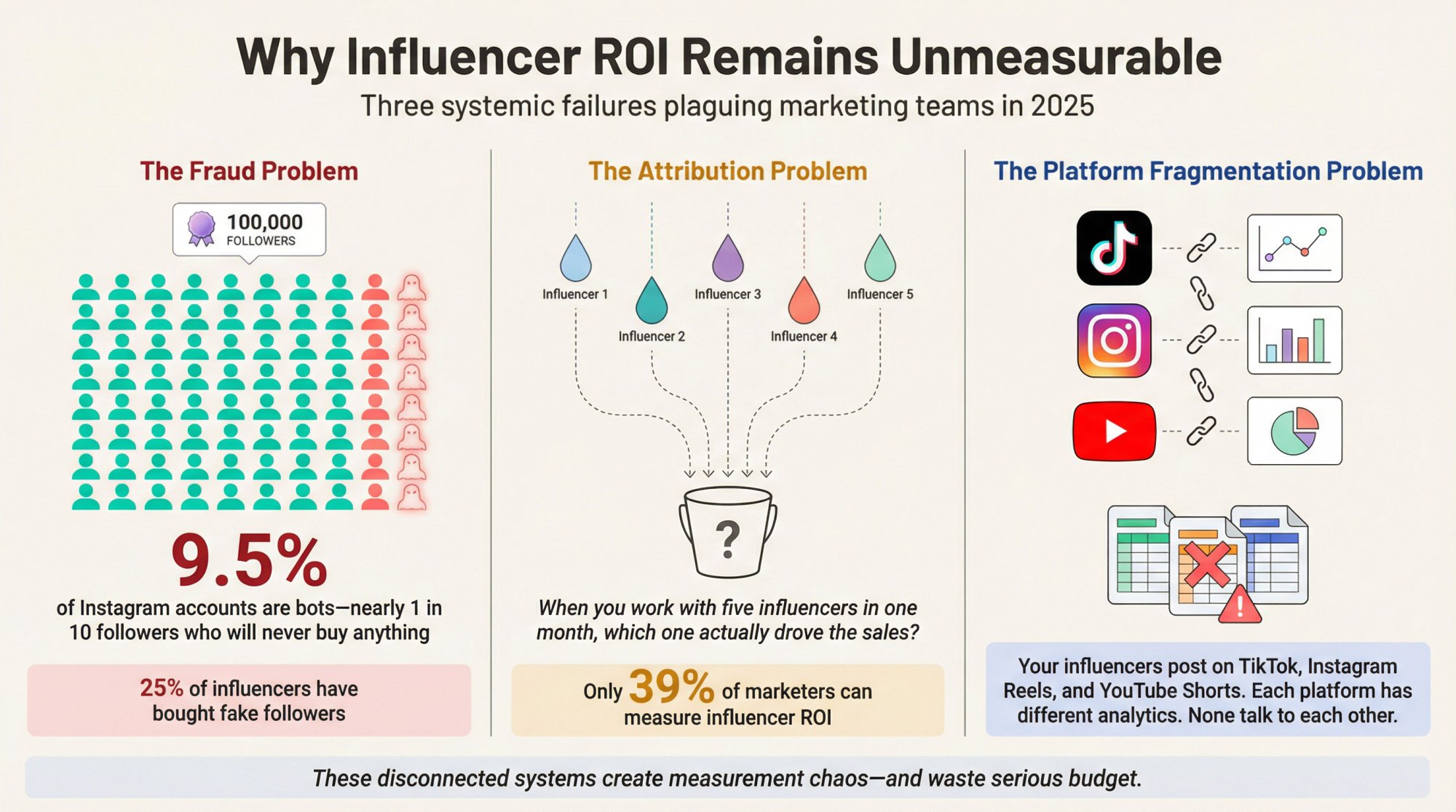 Infographic showing three core problems in influencer ROI measurement: fraud detection, attribution complexity, and platform fragmentation