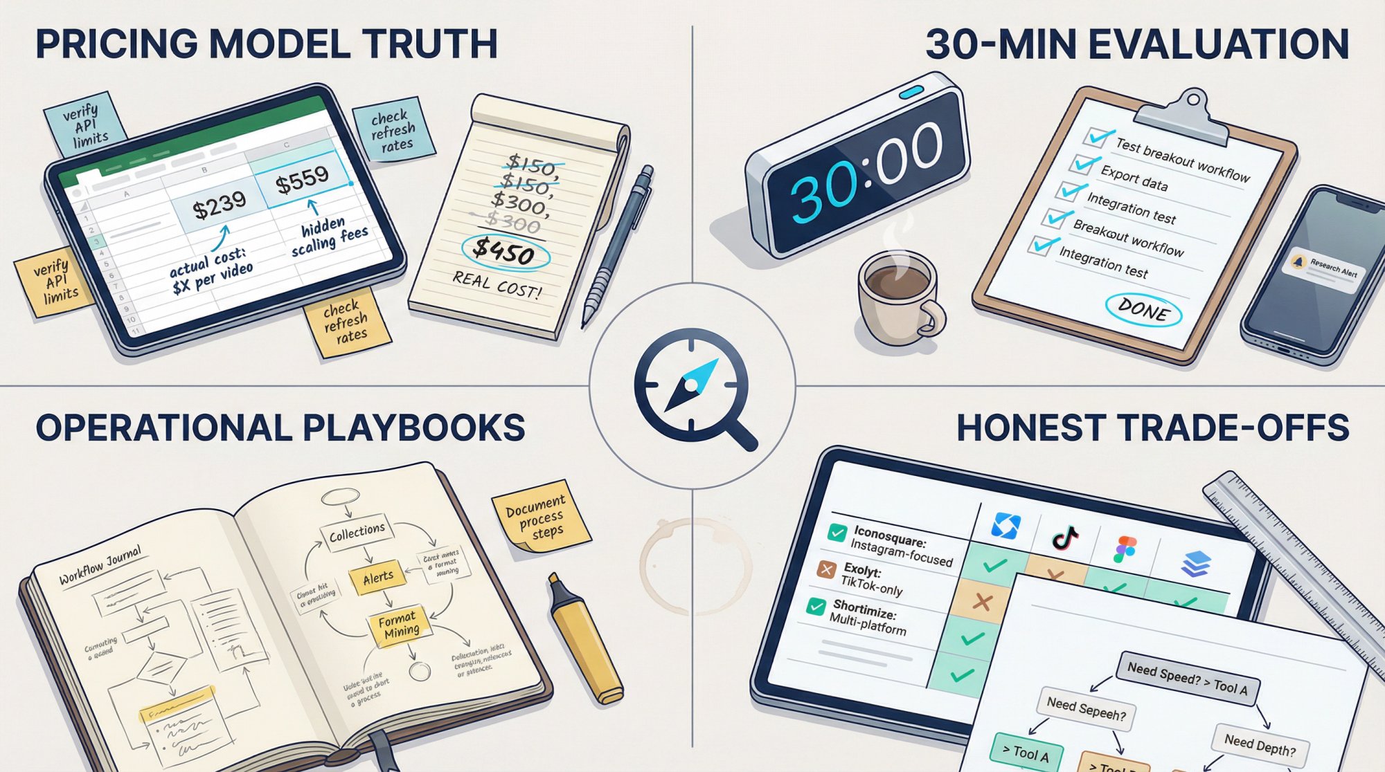 Editorial illustration of organized research workspace showing pricing calculations, evaluation checklists, workflow diagrams, and comparison matrices