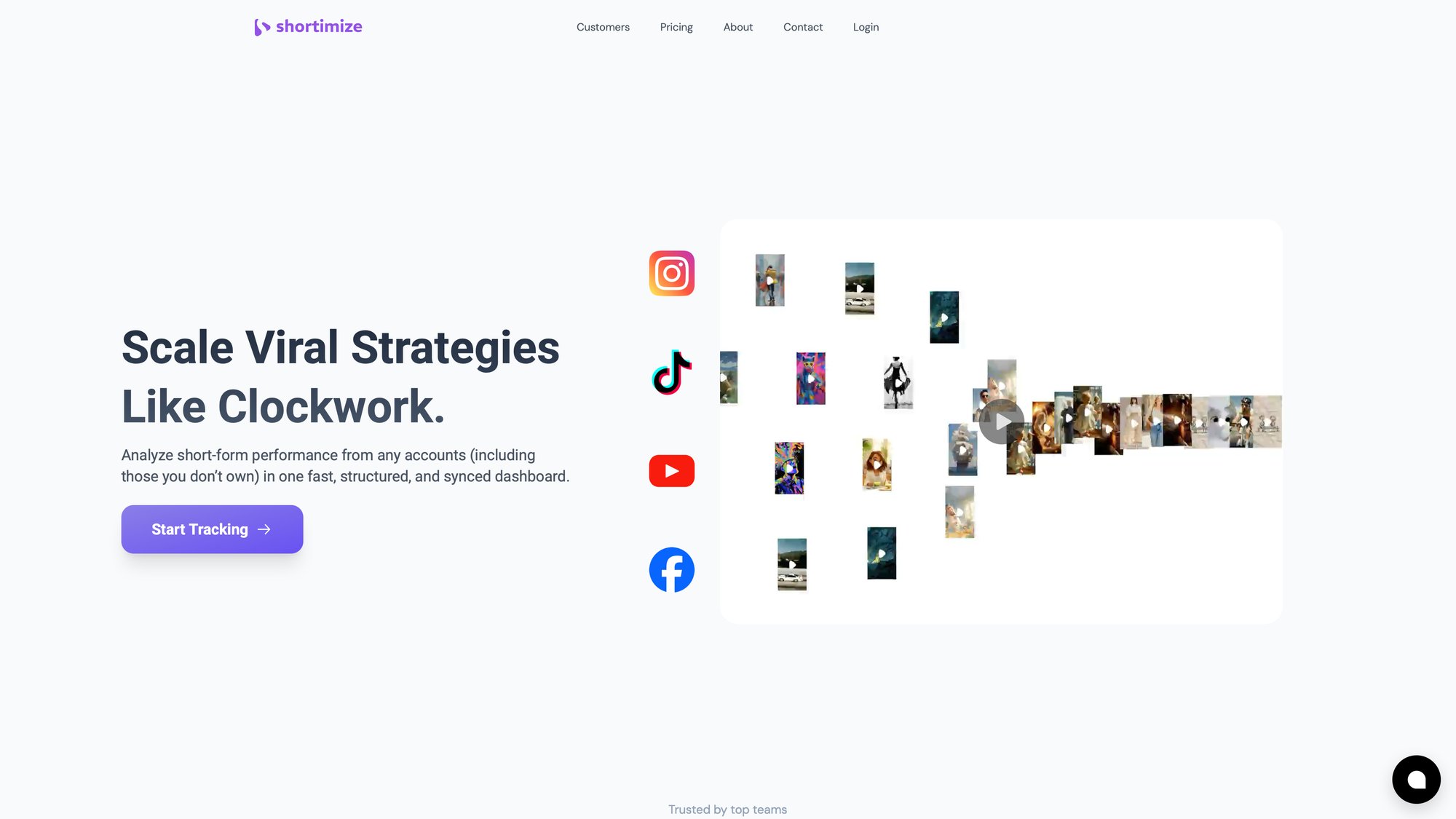 Shortimize analytics platform homepage showing TikTok Instagram and YouTube Shorts tracking dashboard with viral strategy tools