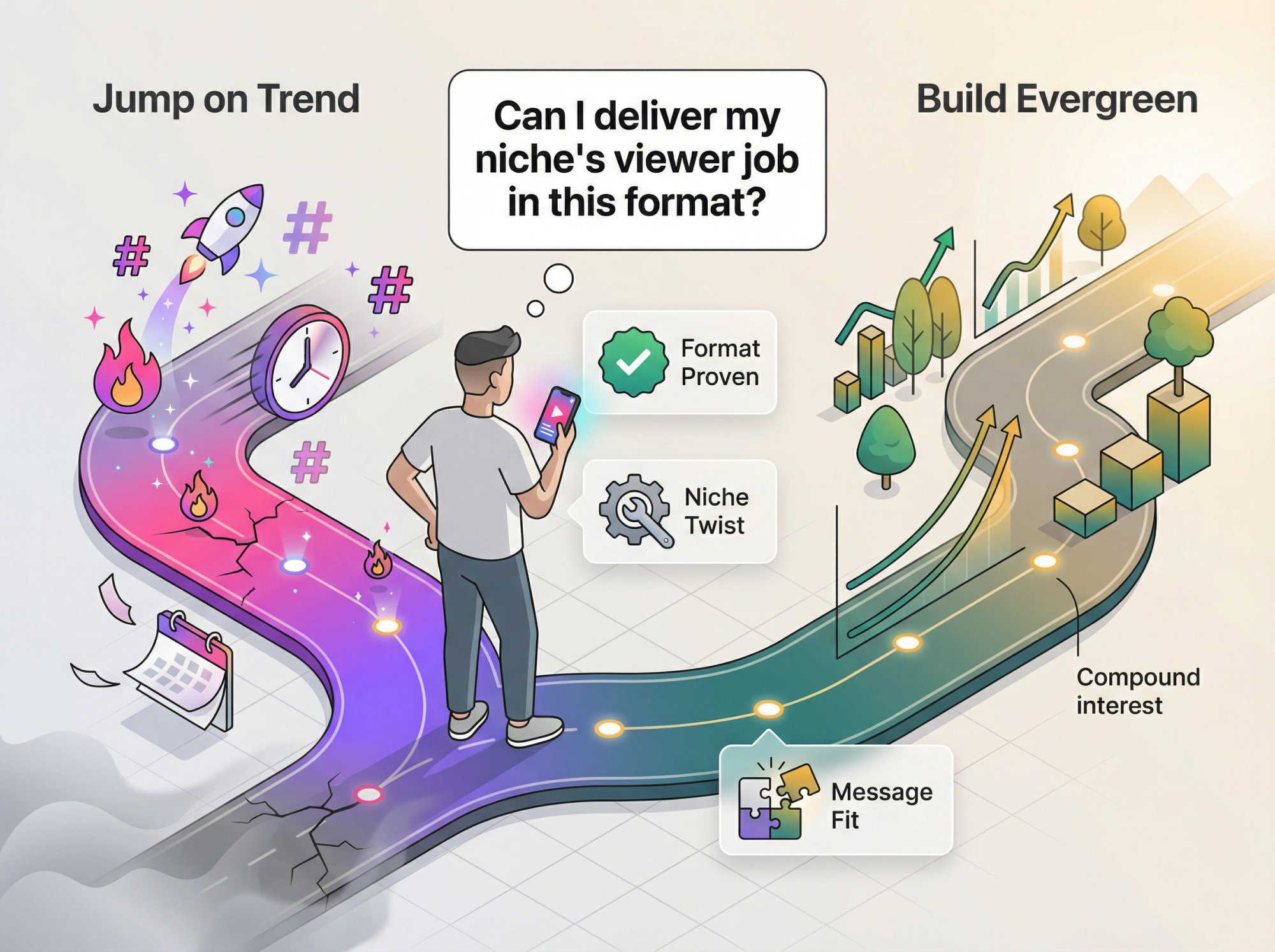 Strategic flowchart showing when to follow TikTok trends versus building evergreen content patterns
