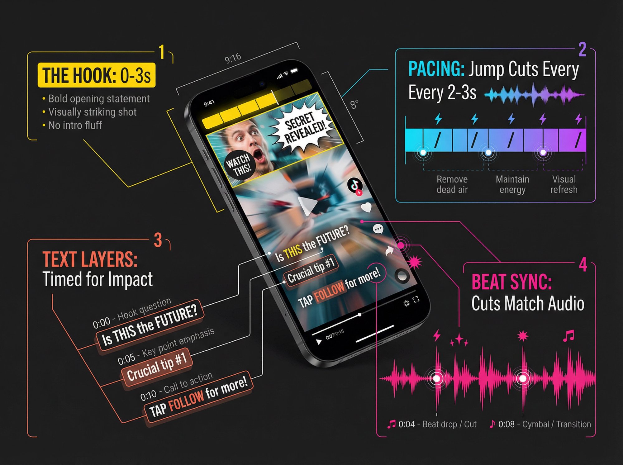 Annotated breakdown of a TikTok video showing strategic editing layers: hook at 0-3s, pacing cuts, text timing, and beat sync