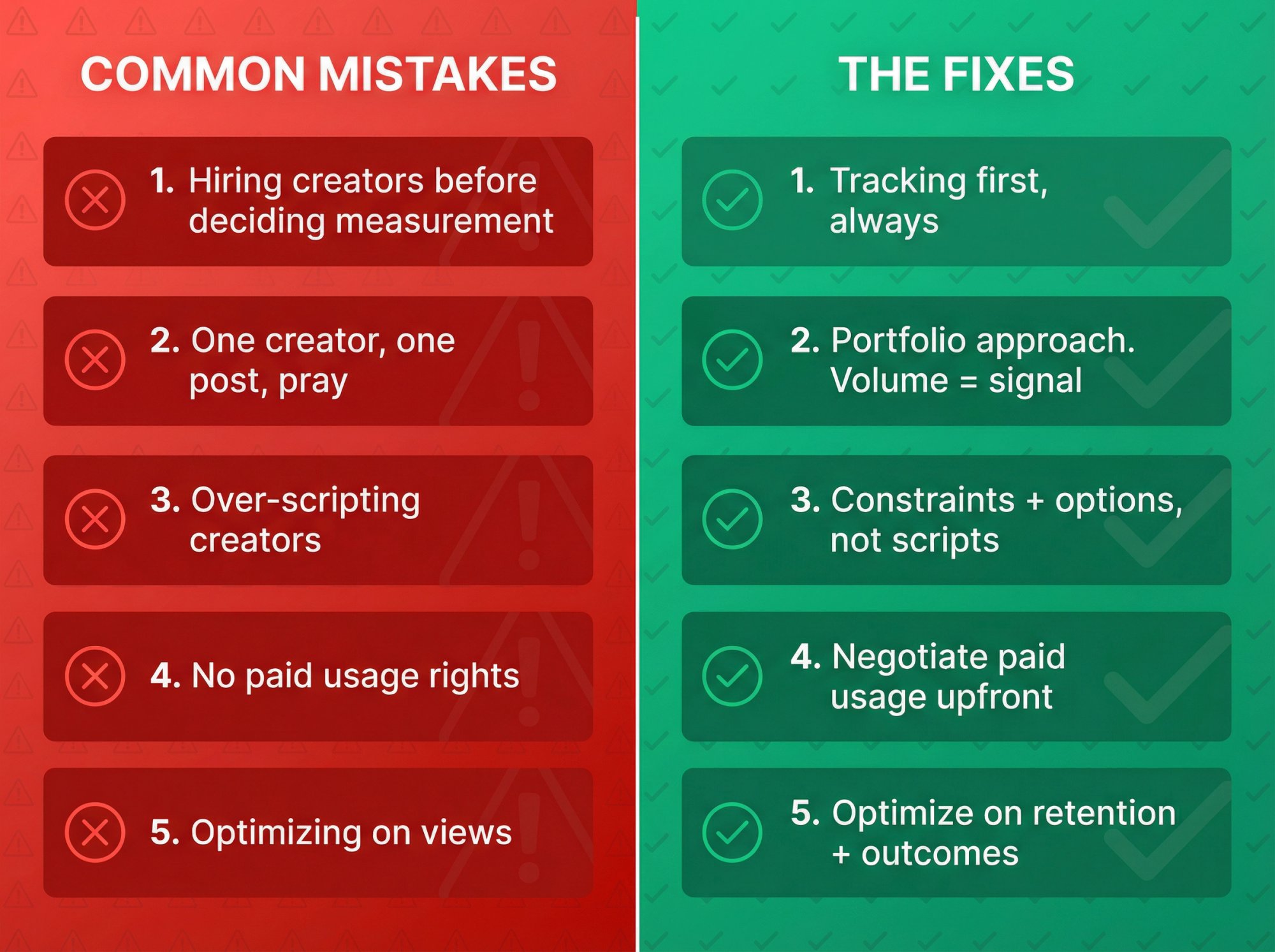 Split-screen infographic showing 5 common influencer marketing mistakes on left in red with warning icons, and their strategic fixes on right in green with checkmark icons