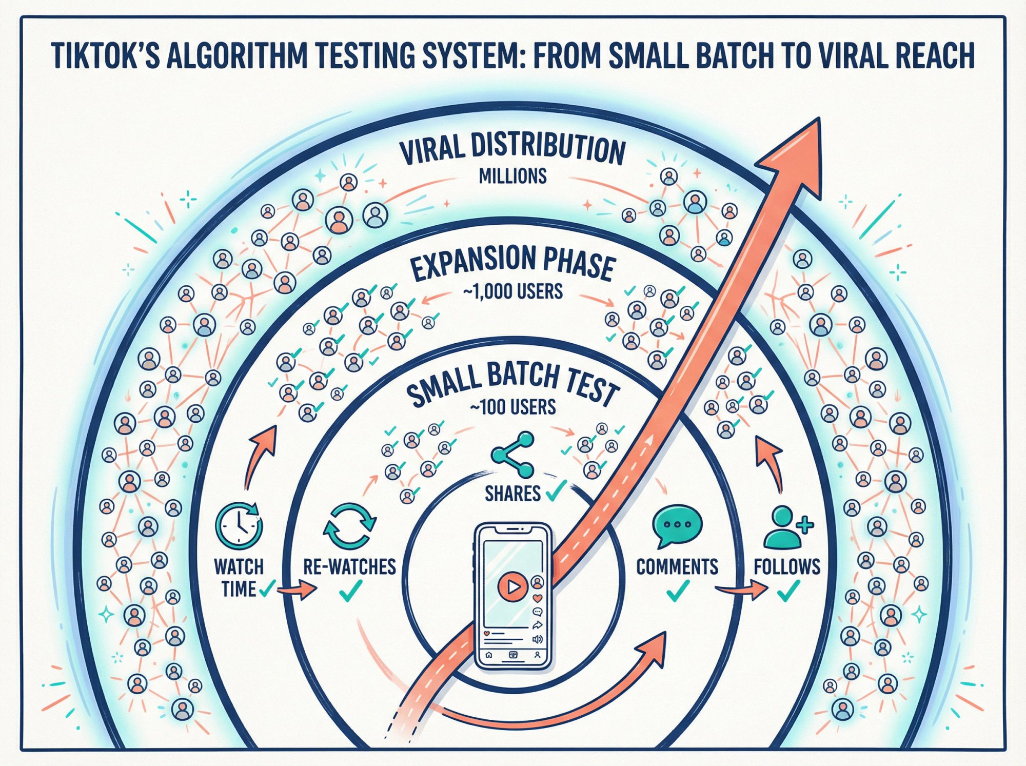 TikTok algorithm testing rings system showing how videos expand from small batch to viral reach