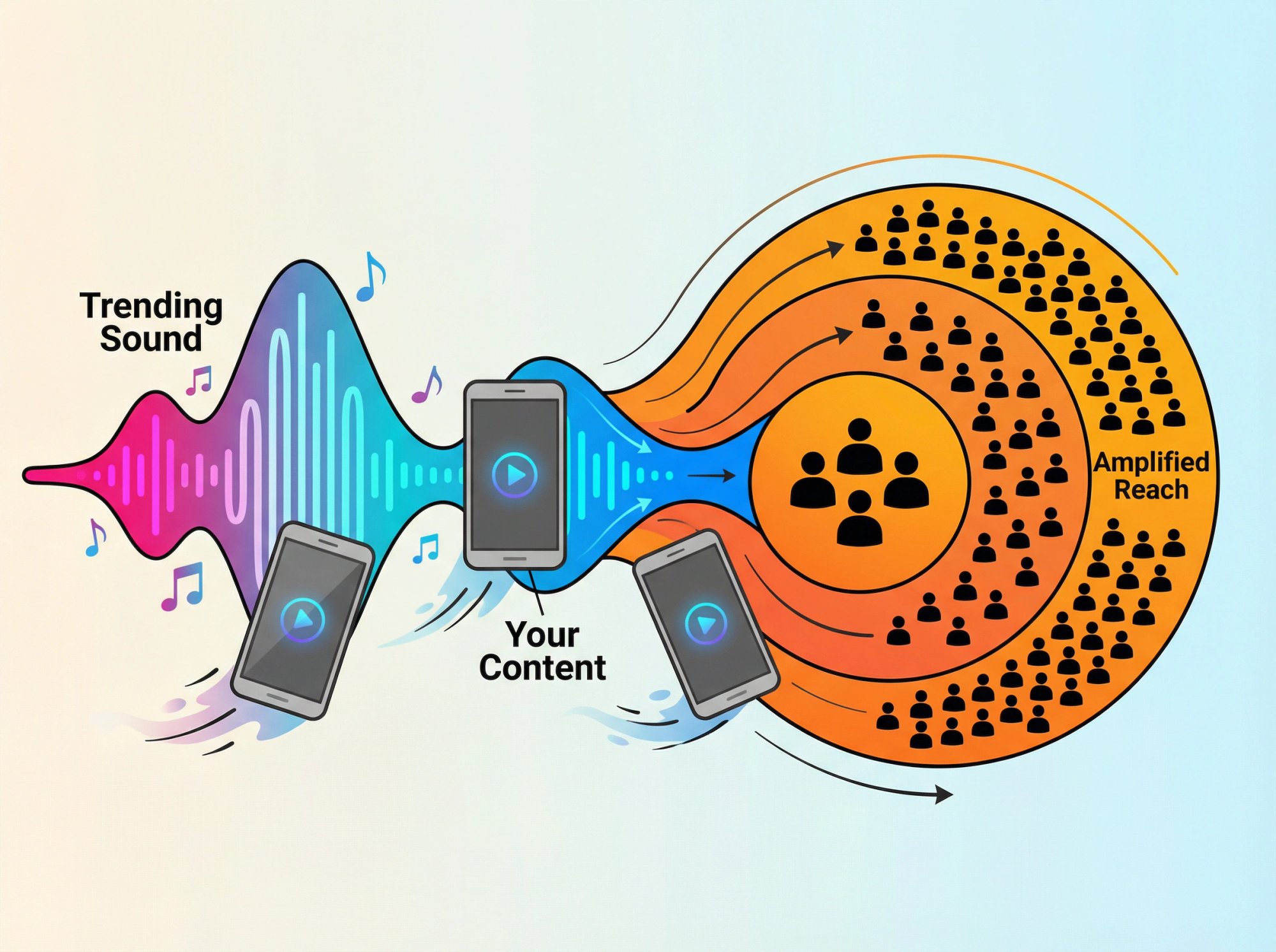 Visual metaphor showing trending audio as a wave current carrying multiple TikTok videos toward expanding audience reach circles