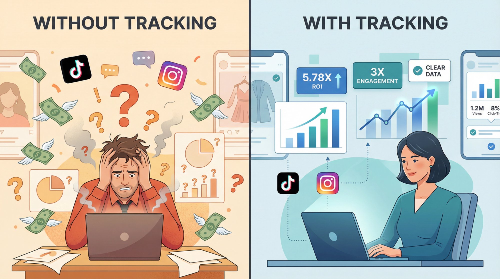 Split-screen editorial illustration contrasting chaotic influencer marketing without tracking versus organized data-driven campaign management