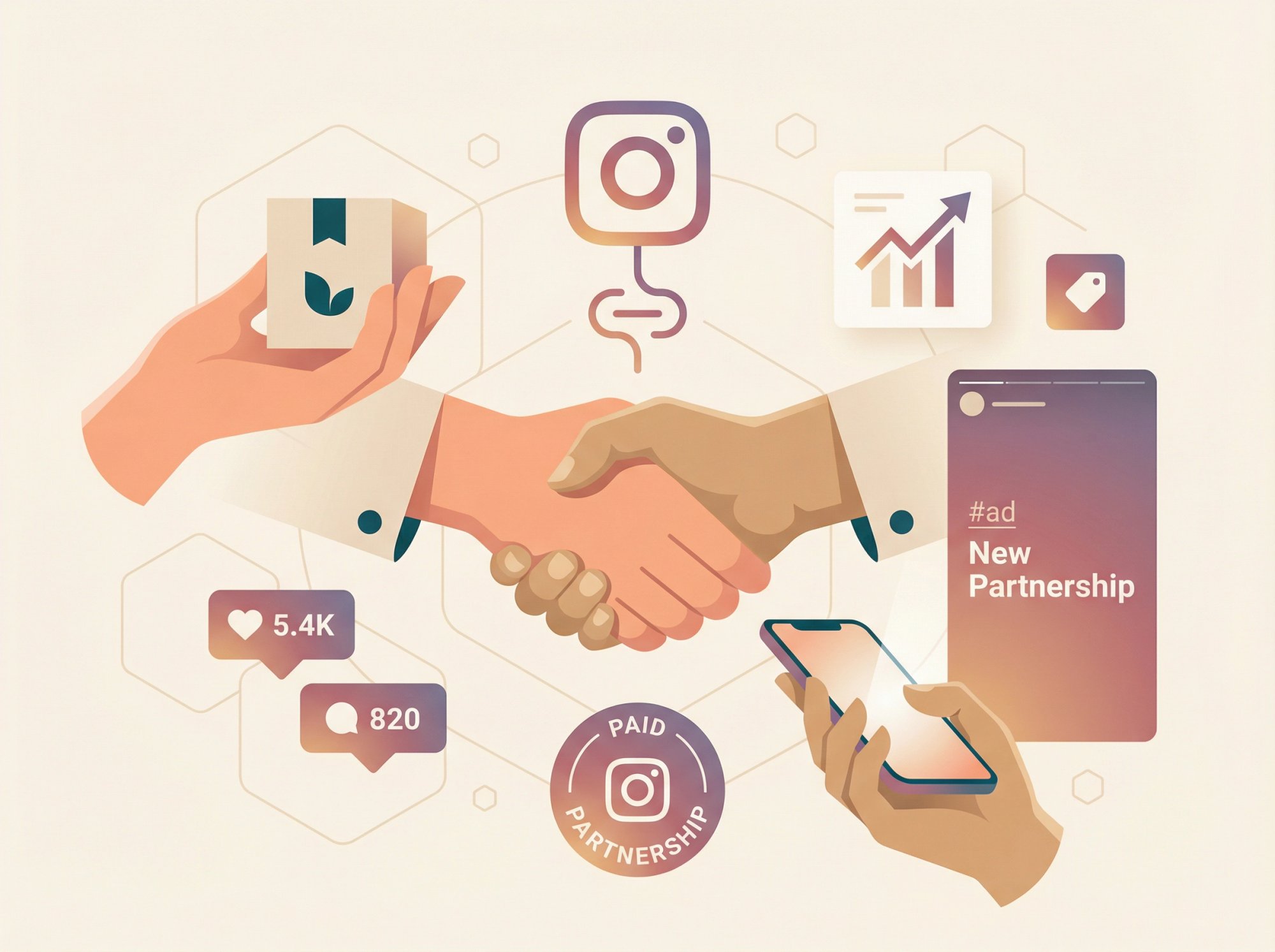 Modern editorial illustration of brand-creator partnership showing collaborative handshake with Instagram features