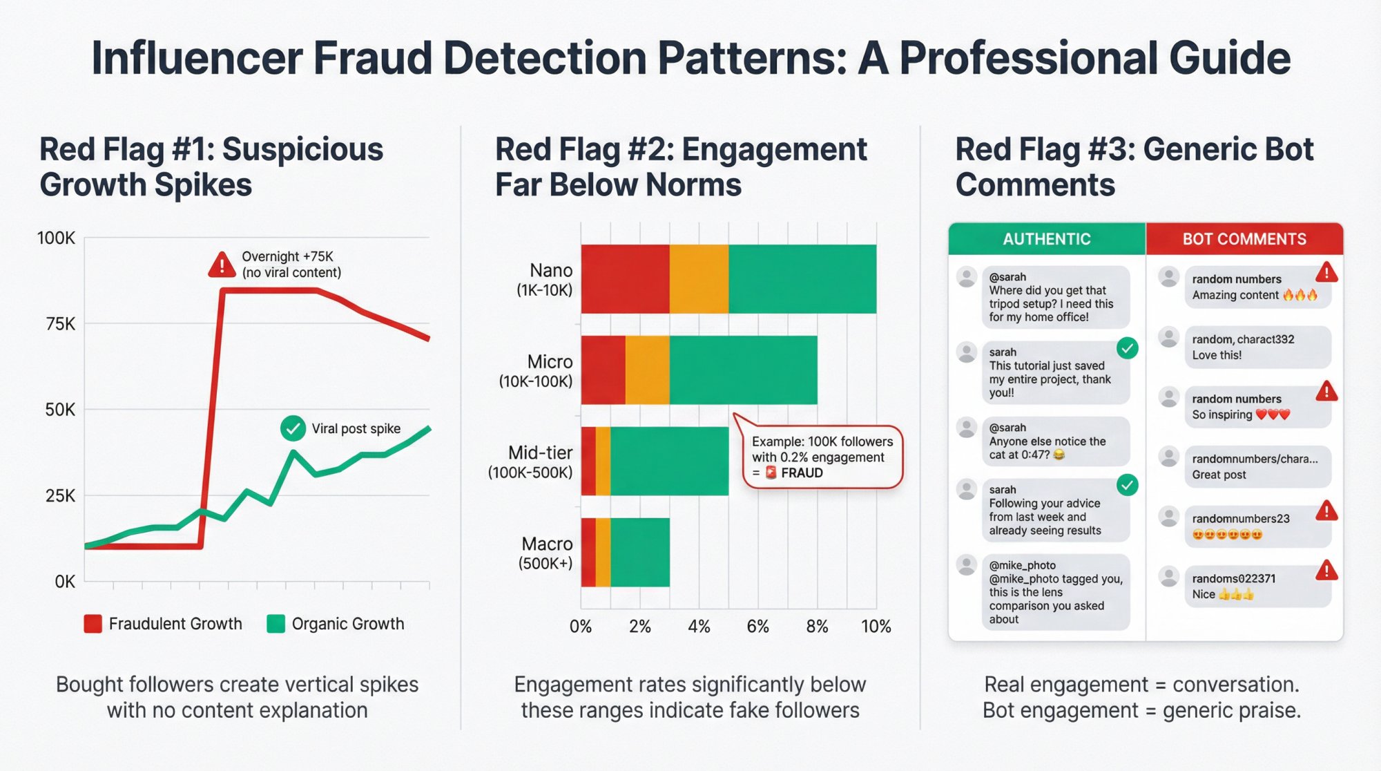 Tri-panel infographic showing three key fake engagement red flags: suspicious follower growth spikes, engagement rate benchmarks by influencer size, and bot comment patterns