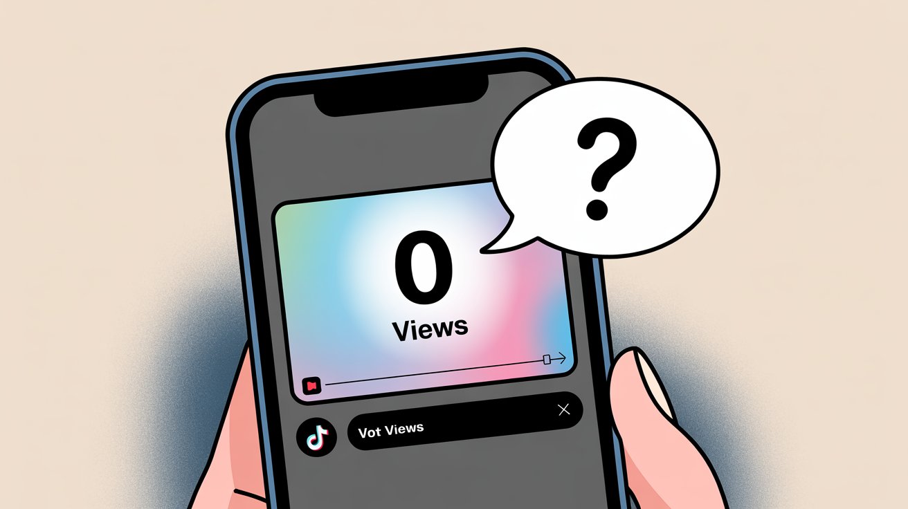 TikTok mobile app interface showing a video stuck at zero views with a question mark, illustrating the frustrating "0 views" problem