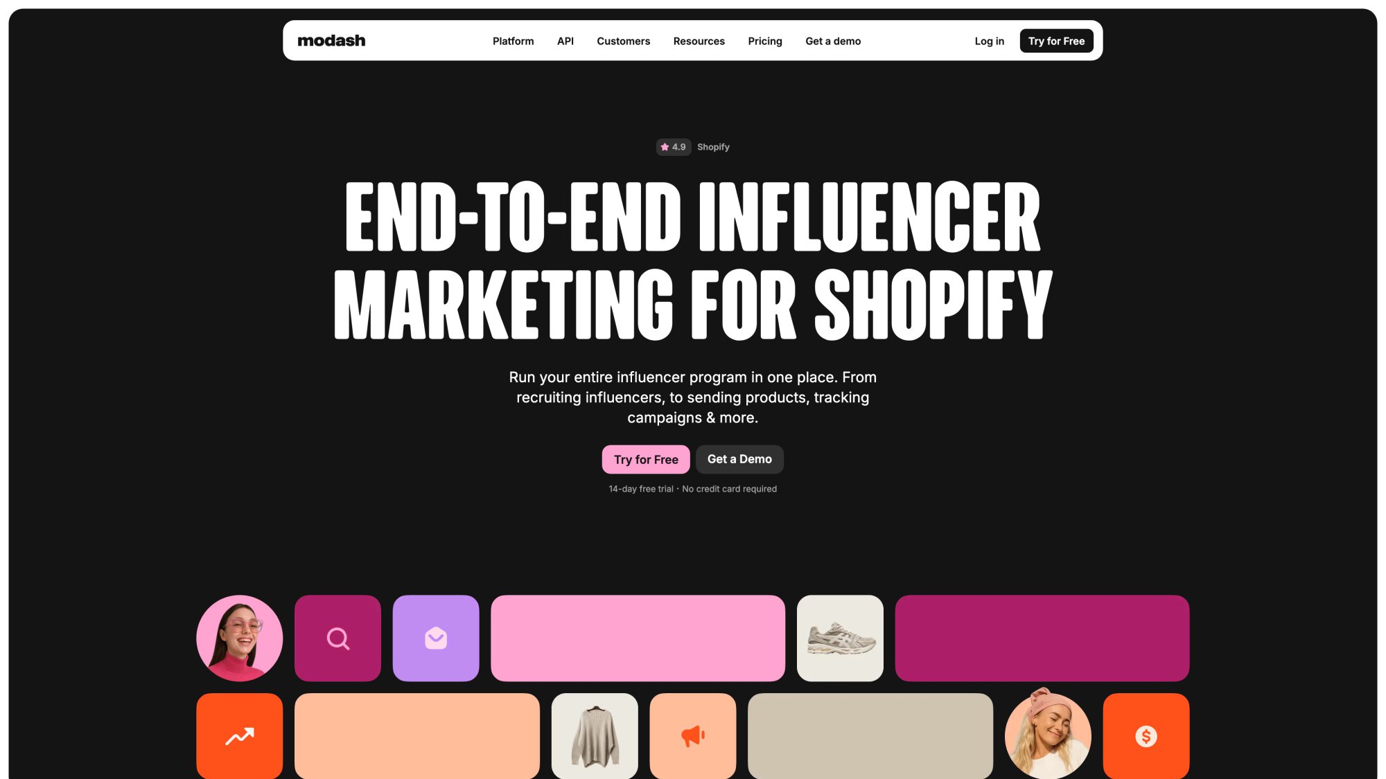 Modash homepage featuring API-first influencer search engine with 350M+ profiles