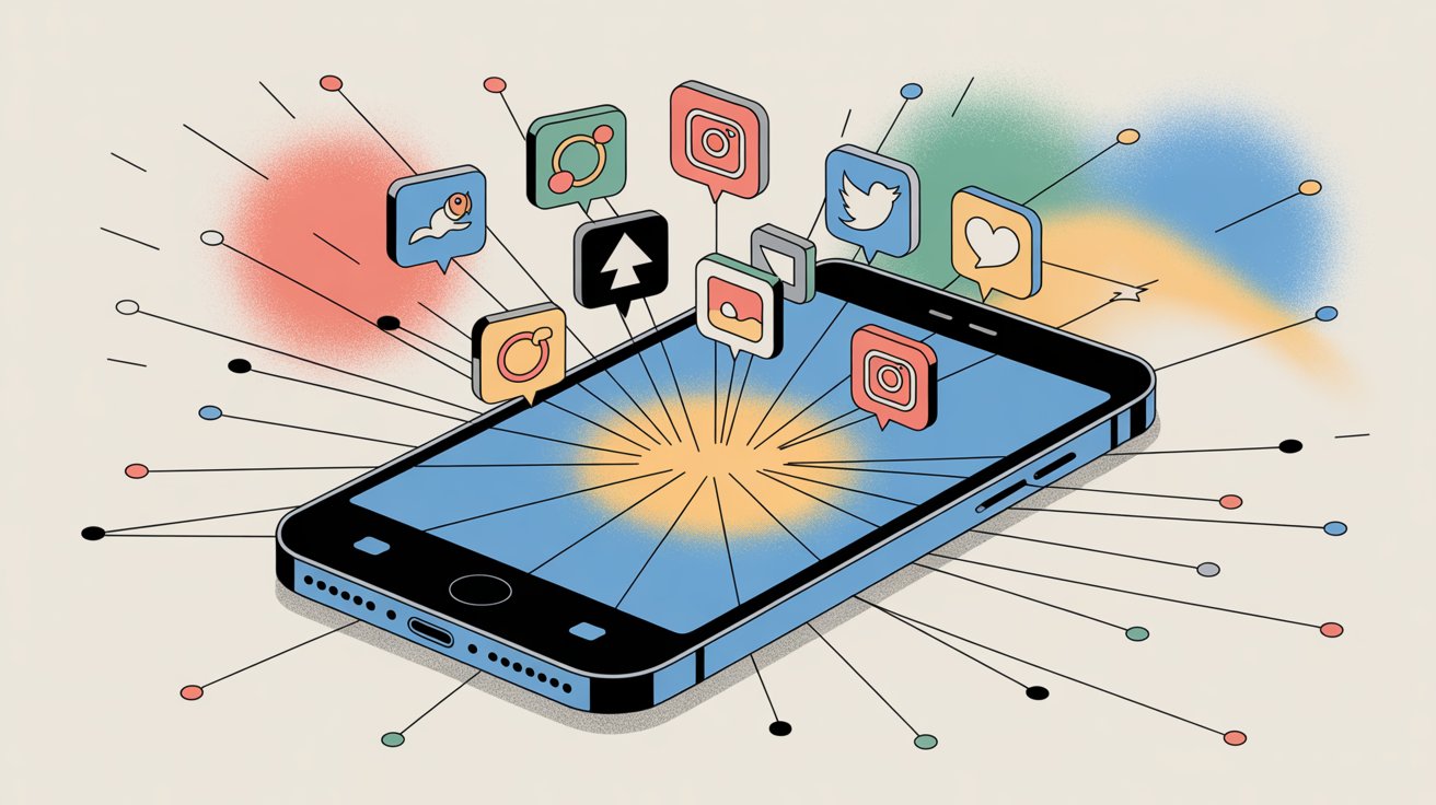 Visual representation of analyzing social media content including formats, themes, quality, and engagement patterns