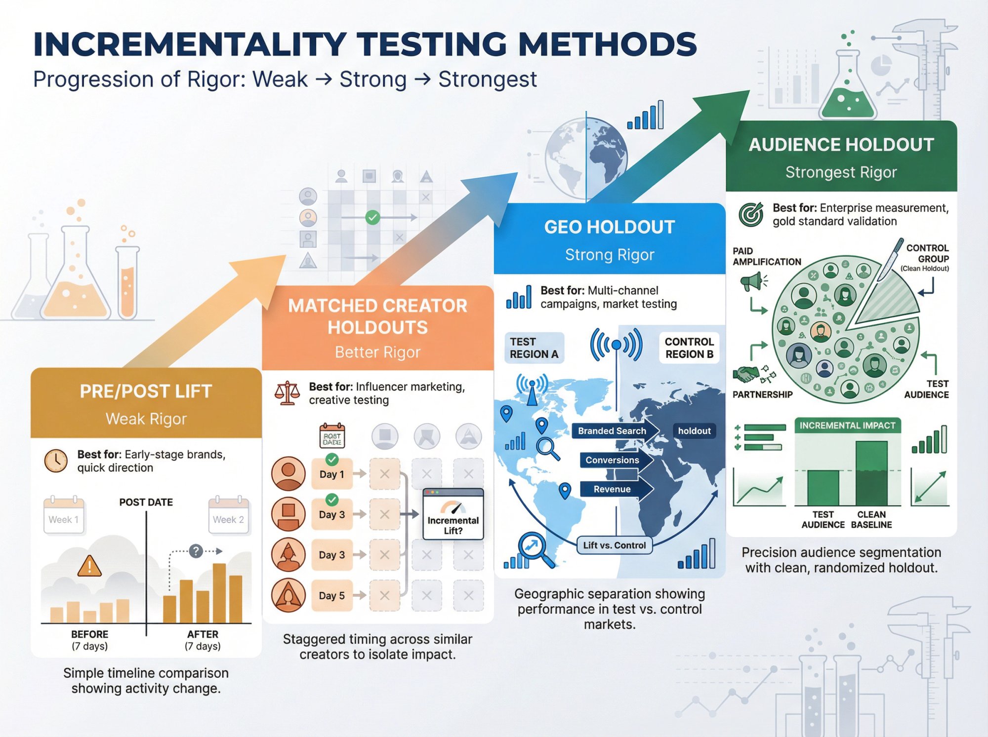 Visual hierarchy of four incrementality testing methods from weak to strongest rigor
