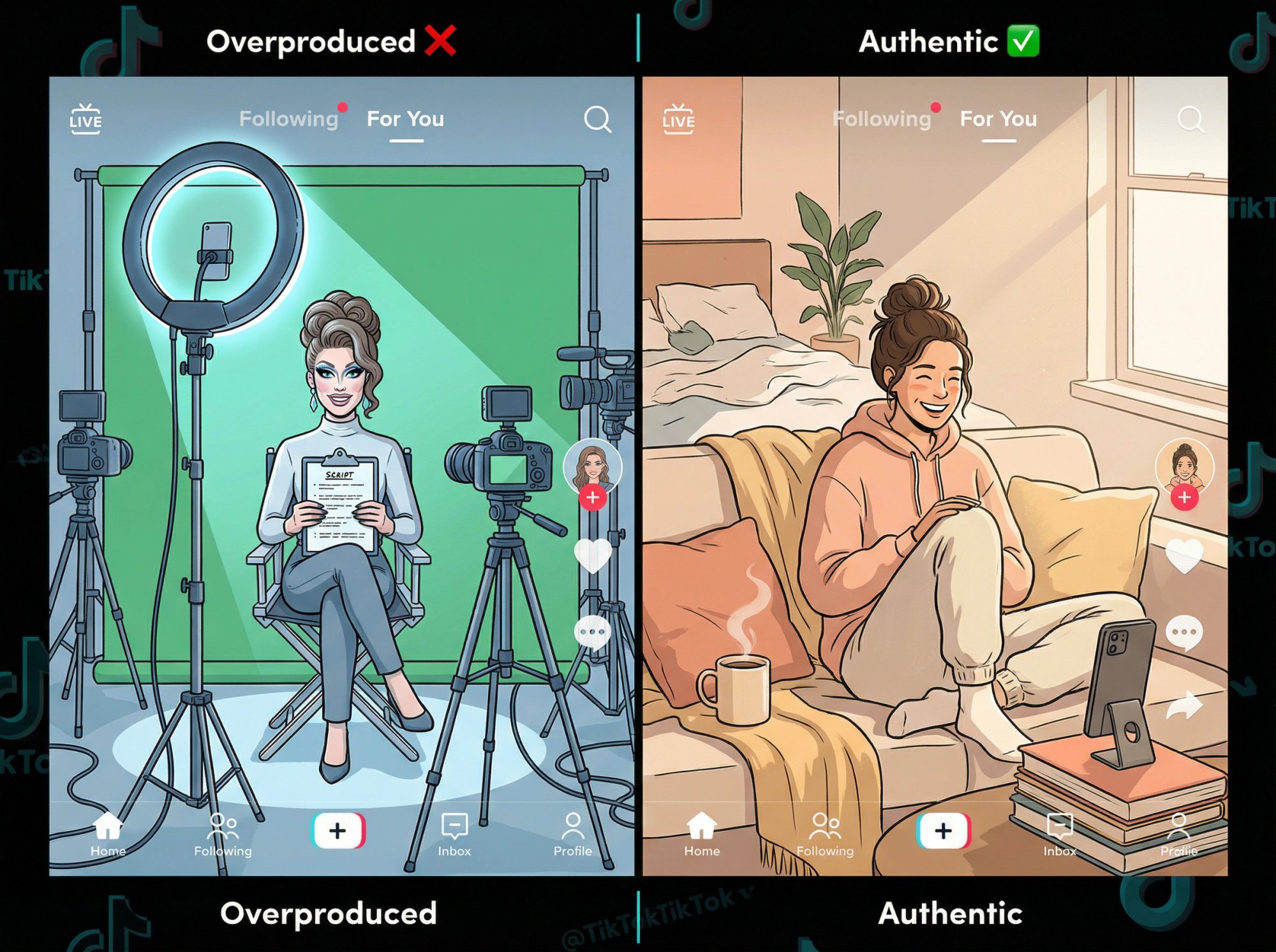 Split-screen comparison showing overproduced TikTok setup versus authentic casual content creation