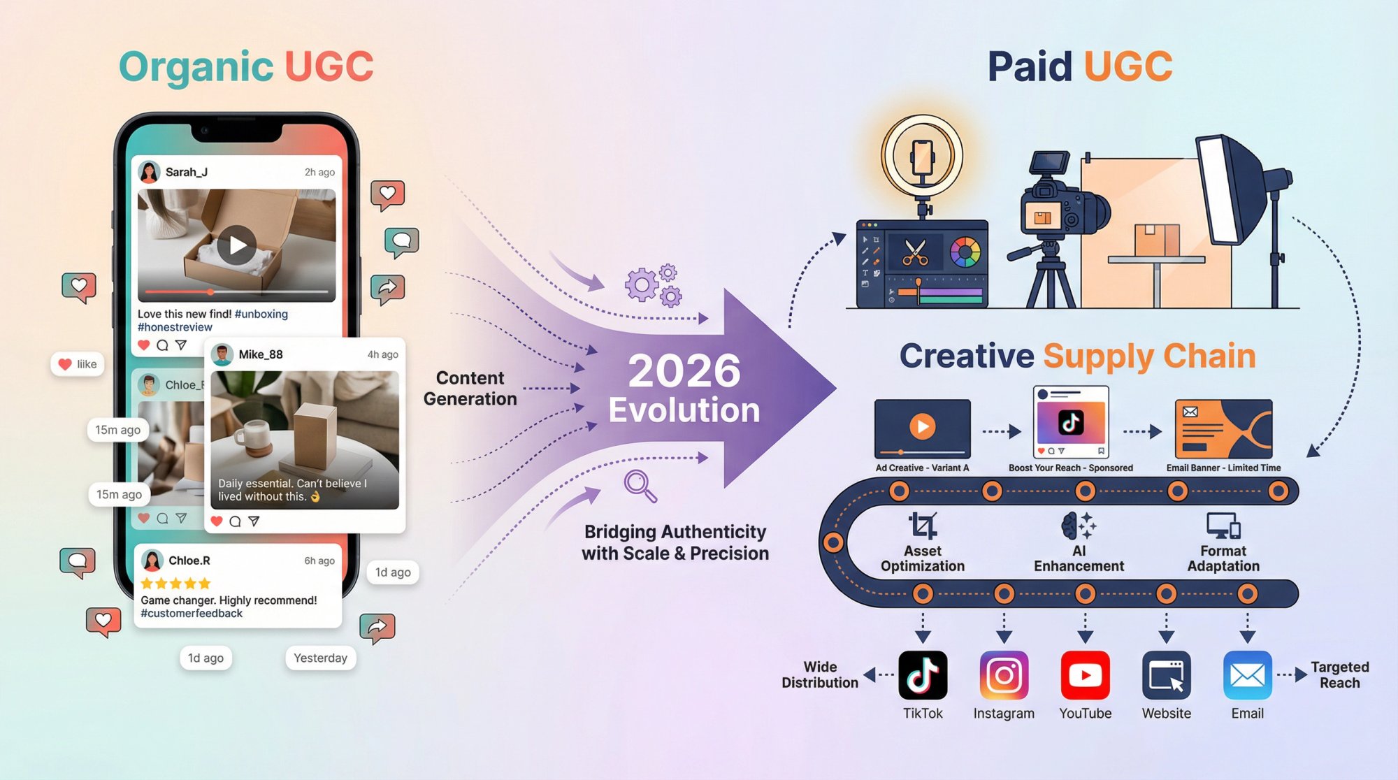Visual diagram showing the UGC spectrum from organic customer posts to paid creator content as a creative supply chain