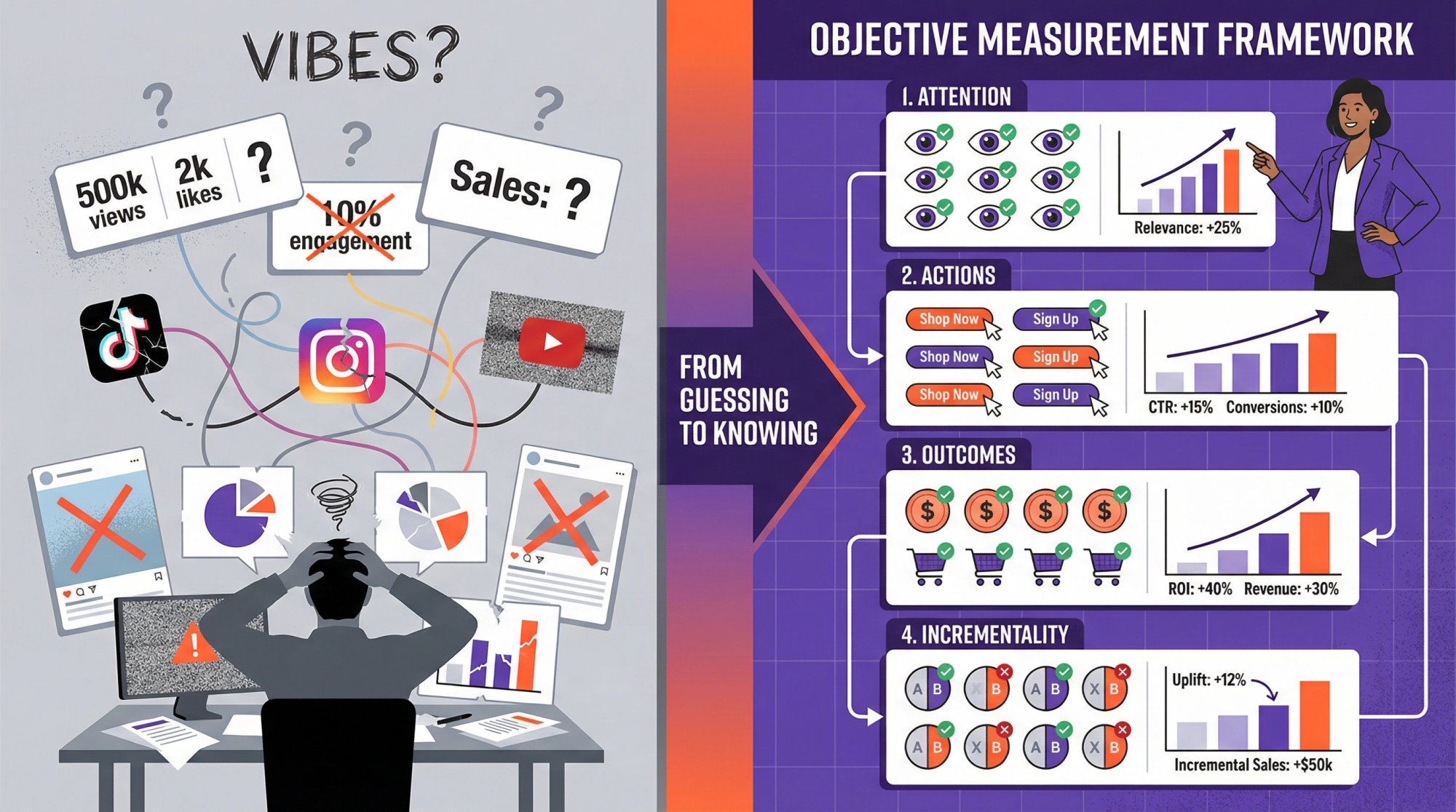 Split-panel infographic showing transformation from chaotic influencer measurement to structured framework with four clear layers