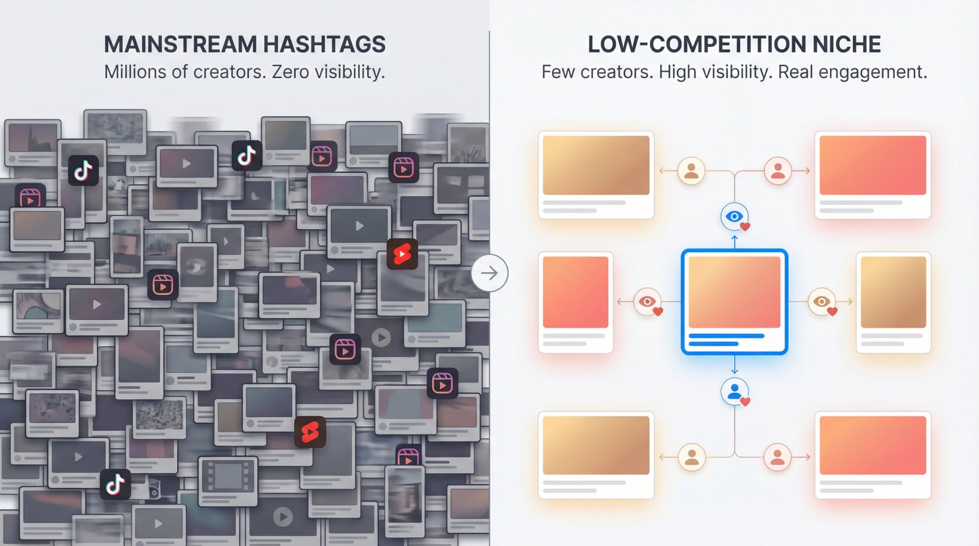 Split-screen comparison showing crowded mainstream social media space versus strategic low-competition niche positioning
