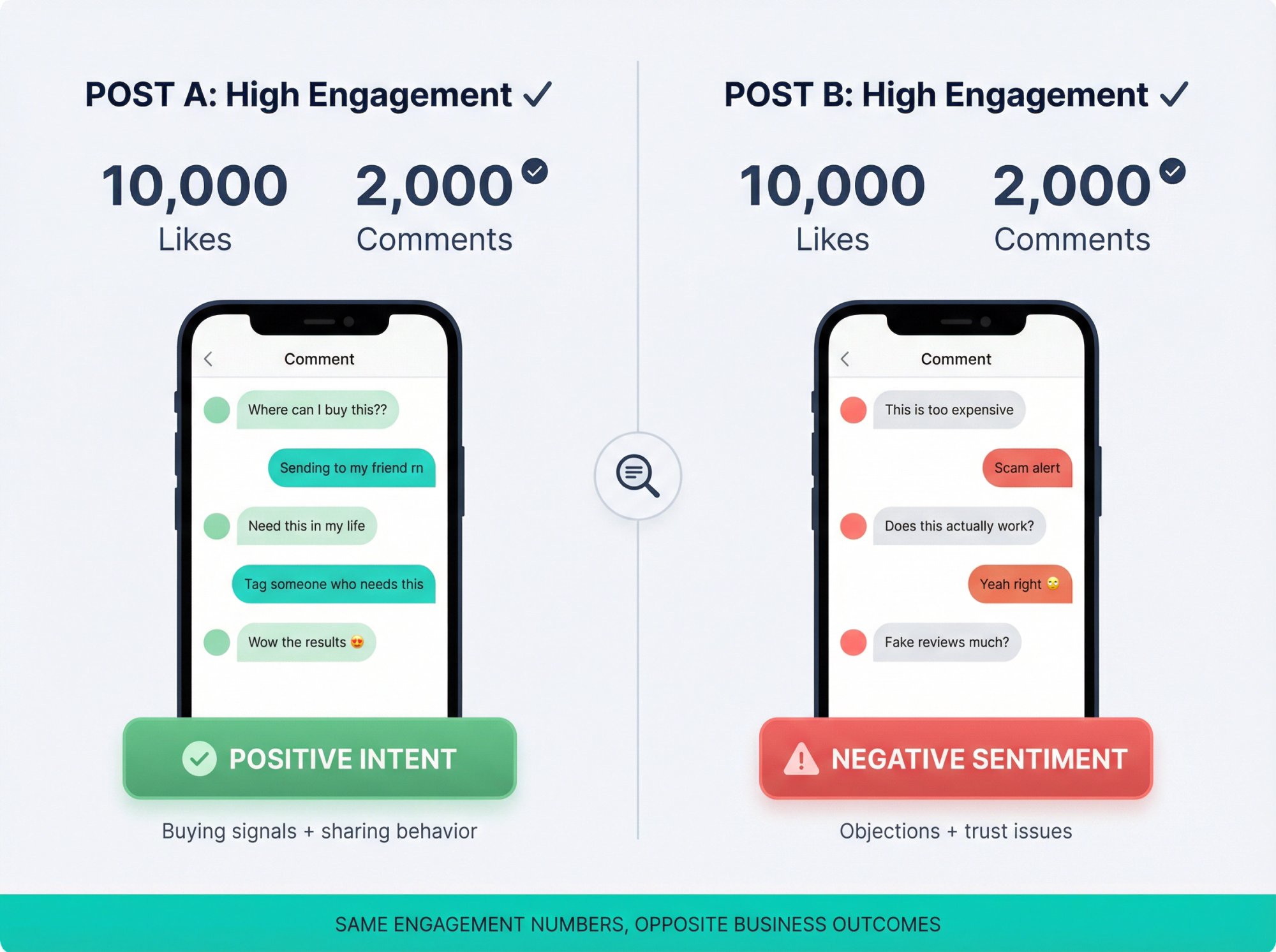 Split comparison showing two influencer posts with identical 10K likes and 2K comments but opposite sentiment profiles—one with positive buying signals, one with negative objections