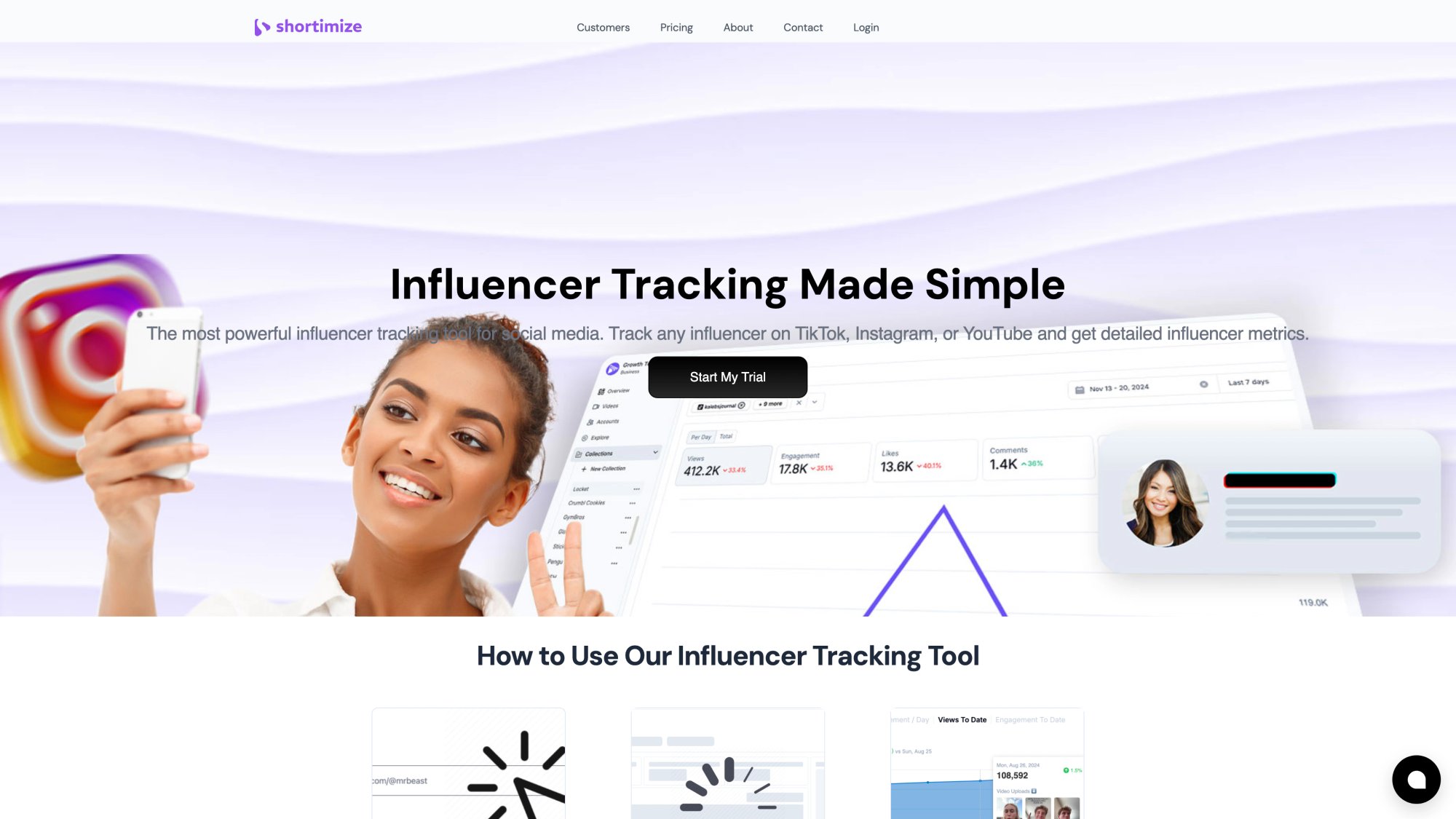 Shortimize influencer tracking dashboard showing multi-platform creator monitoring with collections and campaign organization features