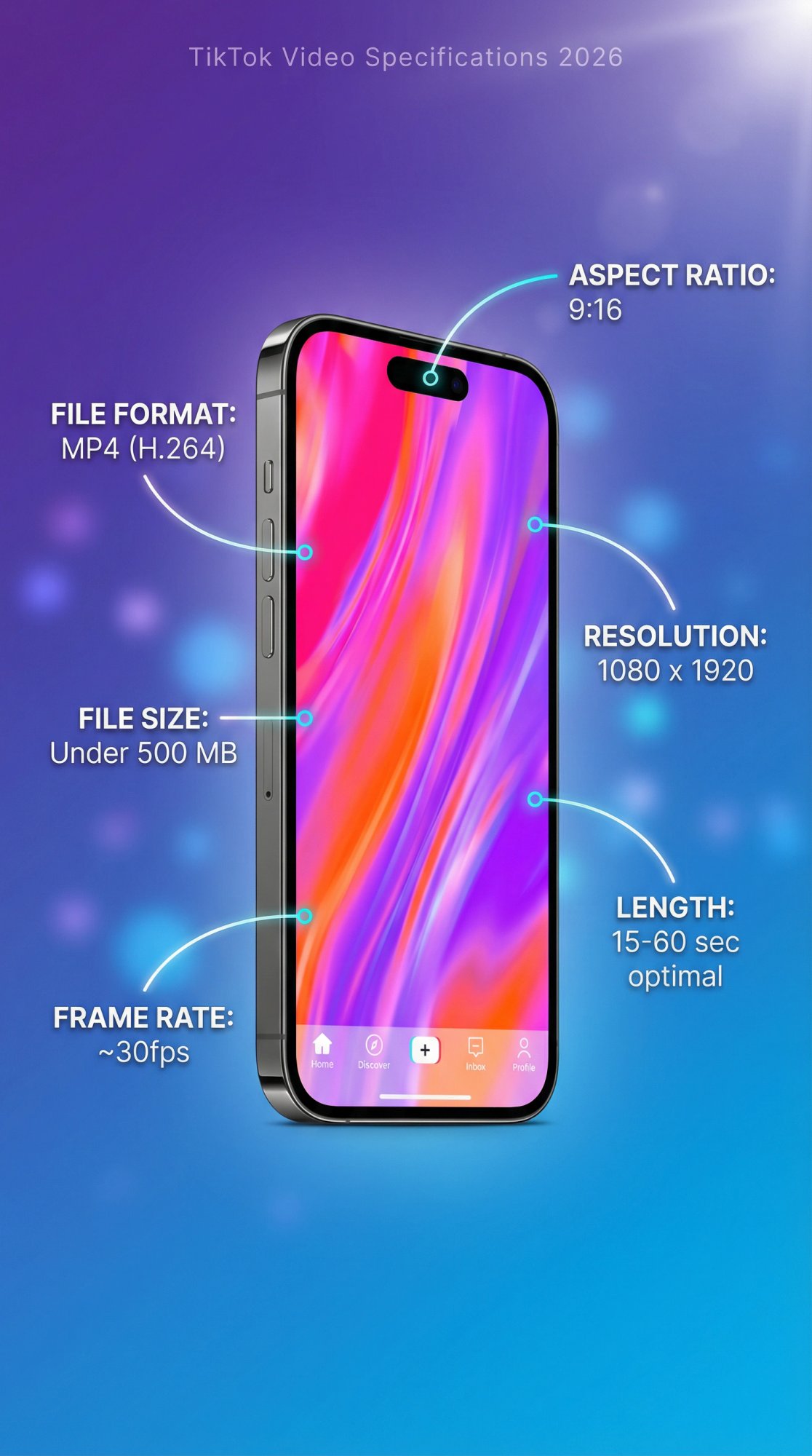 Vertical smartphone displaying TikTok video with technical specifications overlay in modern design