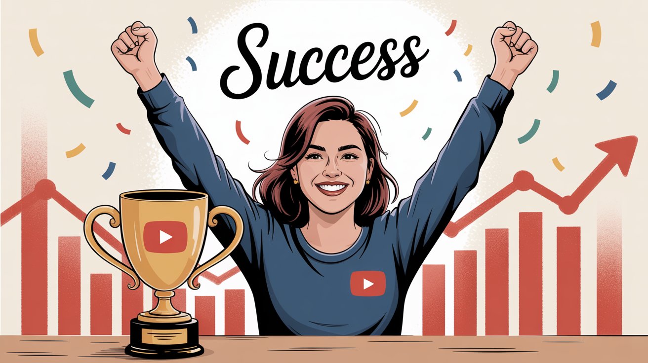 Success and achievement visualization showing celebration with trophy and growth charts representing YouTube Shorts success