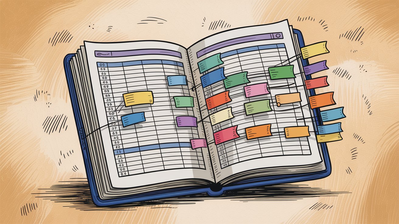 Organized hashtag research illustration showing categorized tags in a spreadsheet-style layout with notes and organization