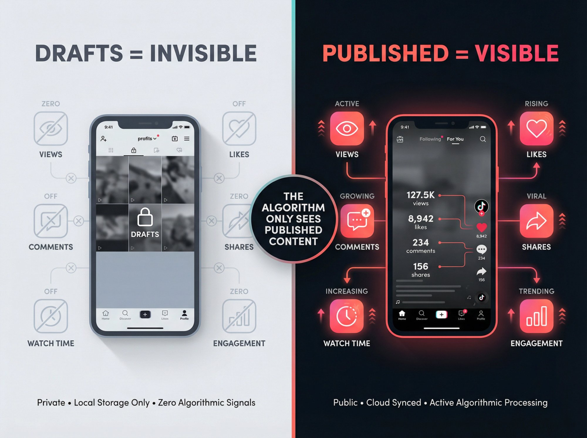 Scientific comparison showing TikTok drafts invisible to algorithm with zero signals versus published videos generating engagement data