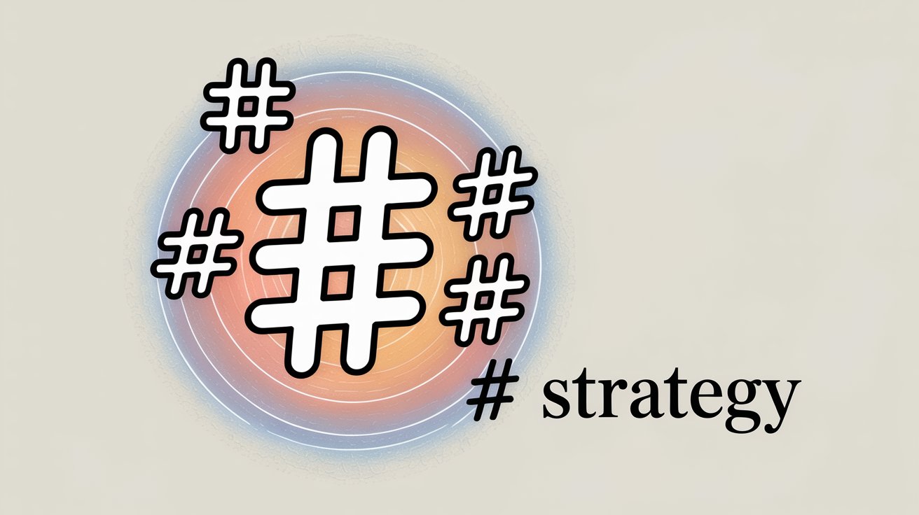 Multiple hashtag symbols arranged in circular pattern with strategy text representing hashtag categorization