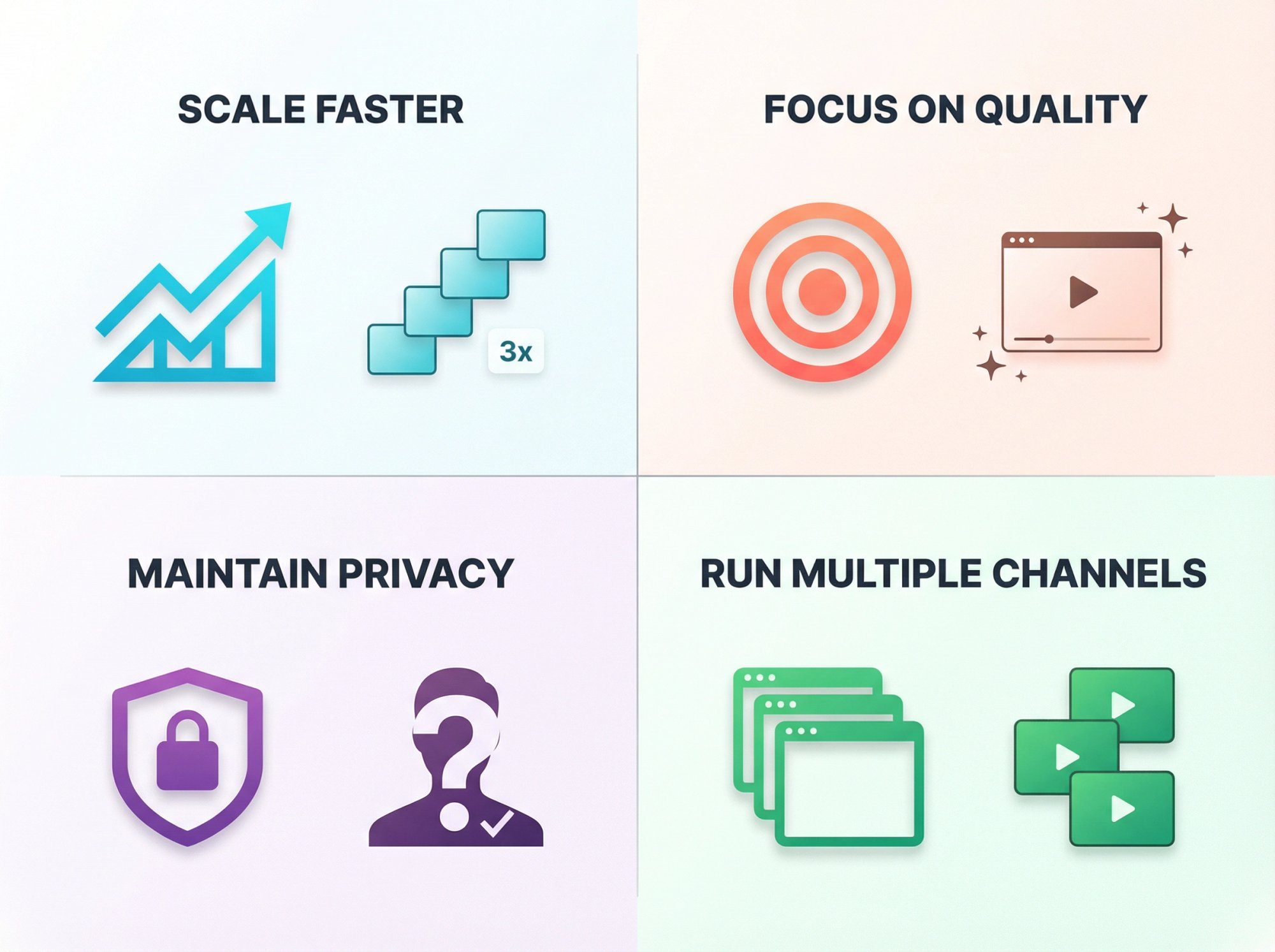 Four key benefits of faceless YouTube channels: scalability, quality focus, privacy, and creative freedom illustrated in modern infographic style