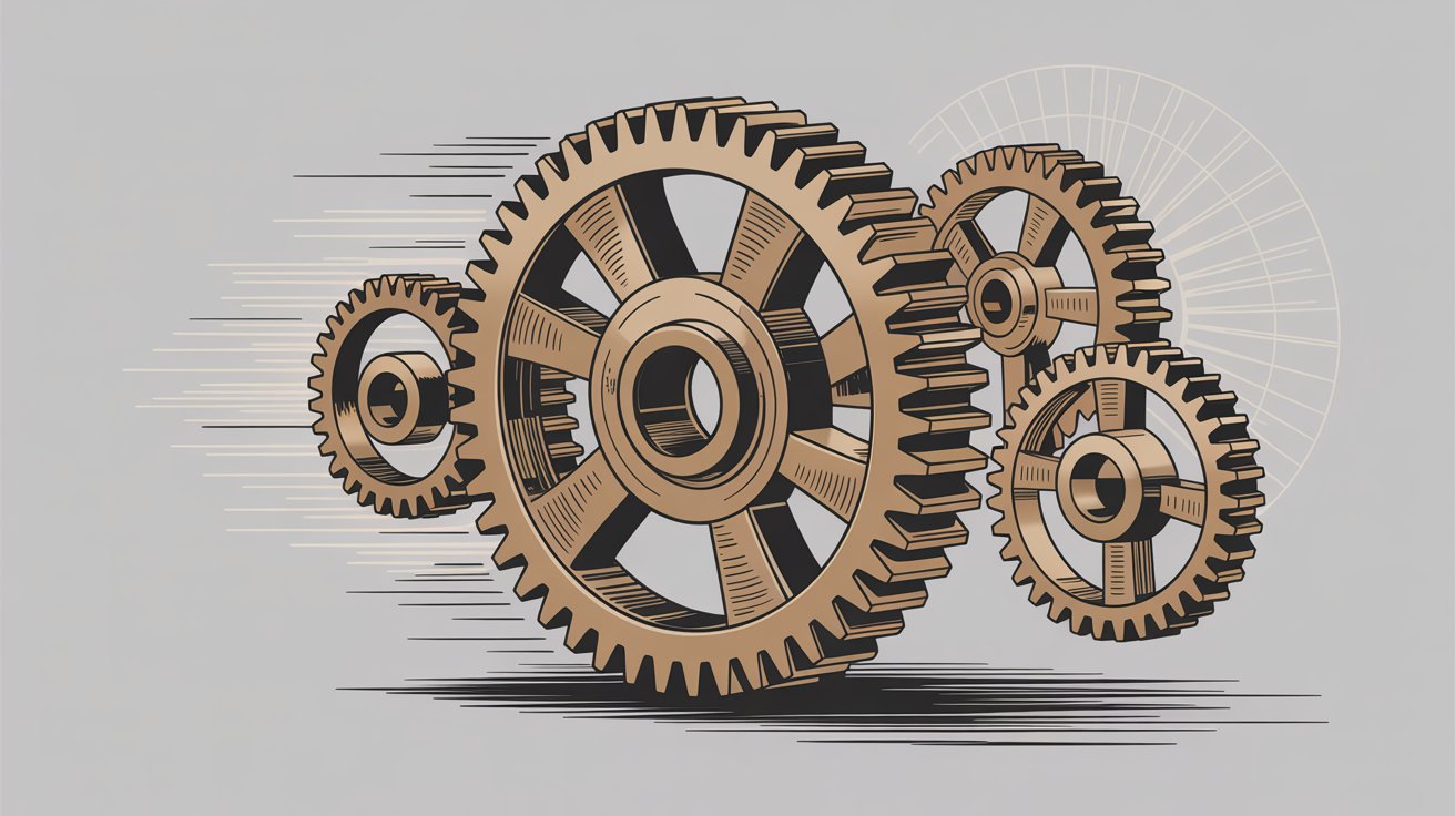 Hand-drawn illustration of interlocking mechanical gears representing automated social media data processing