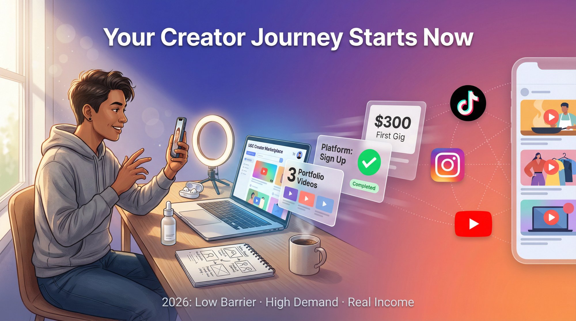 Aspiring UGC creator at desk with smartphone, filming setup, and laptop showing creator platforms—ready to start