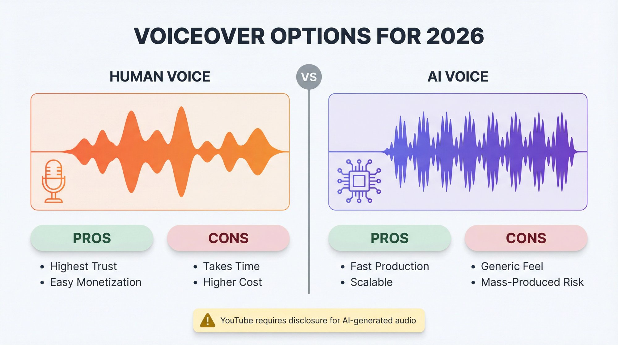 Side-by-side comparison of human vs AI voiceover for faceless YouTube channels showing pros, cons, and key differences
