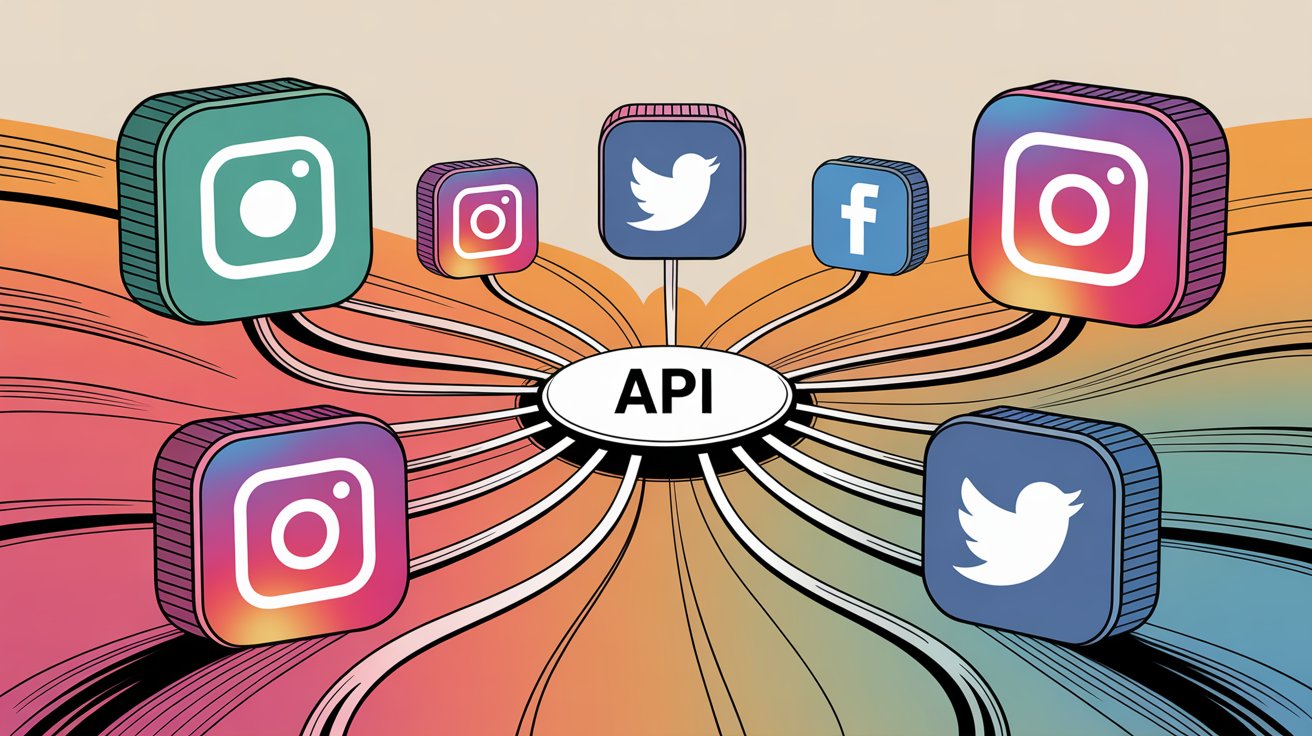 Hand-drawn illustration showing API as central hub connecting multiple social media platform icons with flowing connection lines