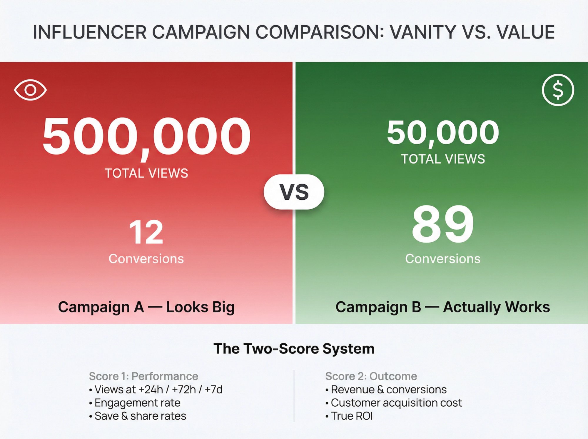 Split comparison showing Campaign A with 500K views but only 12 conversions versus Campaign B with 50K views and 89 conversions