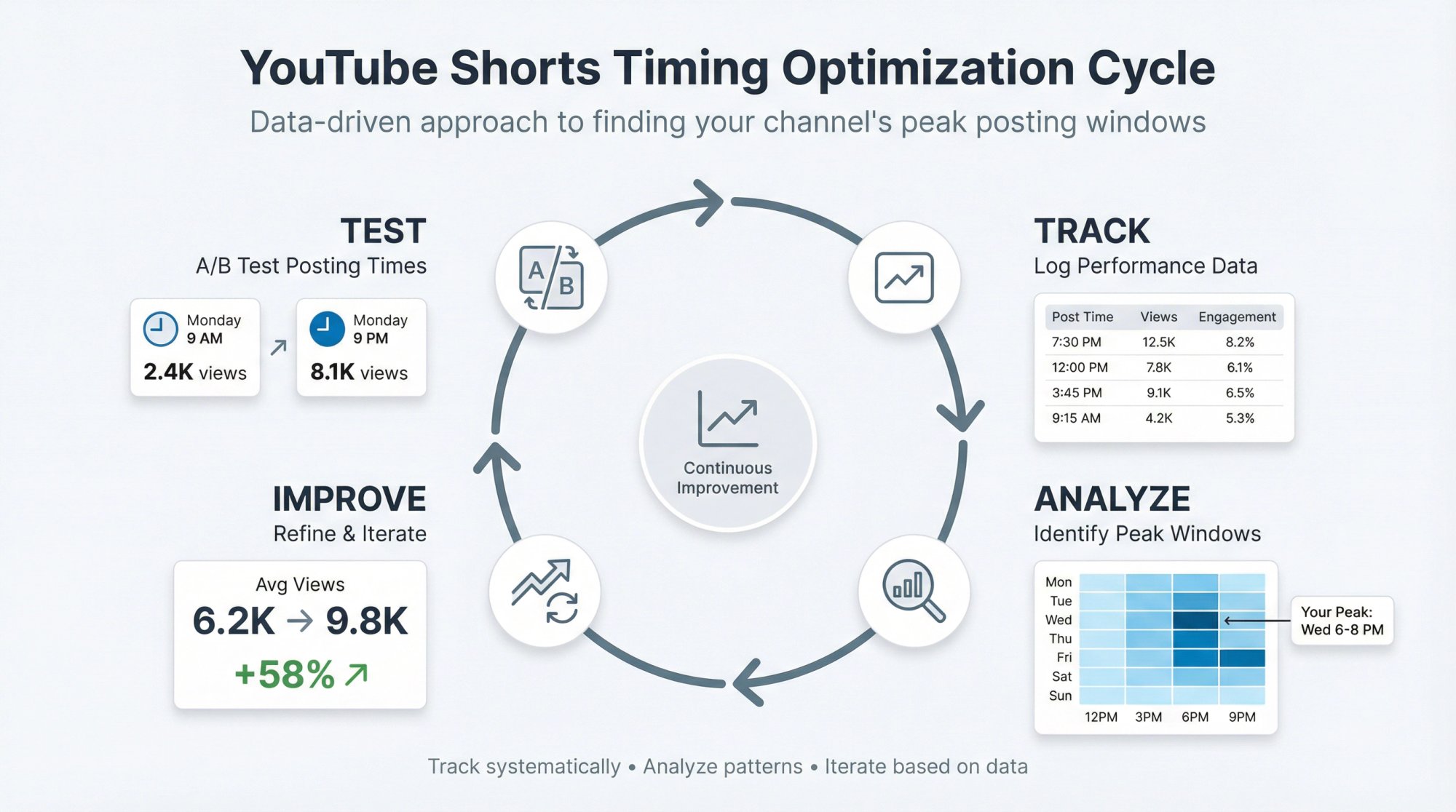Circular workflow diagram showing the continuous improvement cycle for YouTube Shorts timing optimization