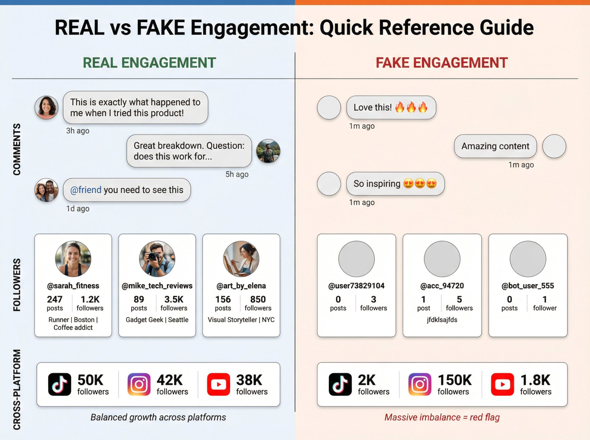 Side-by-side comparison showing real vs fake engagement patterns across comments, followers, and platforms