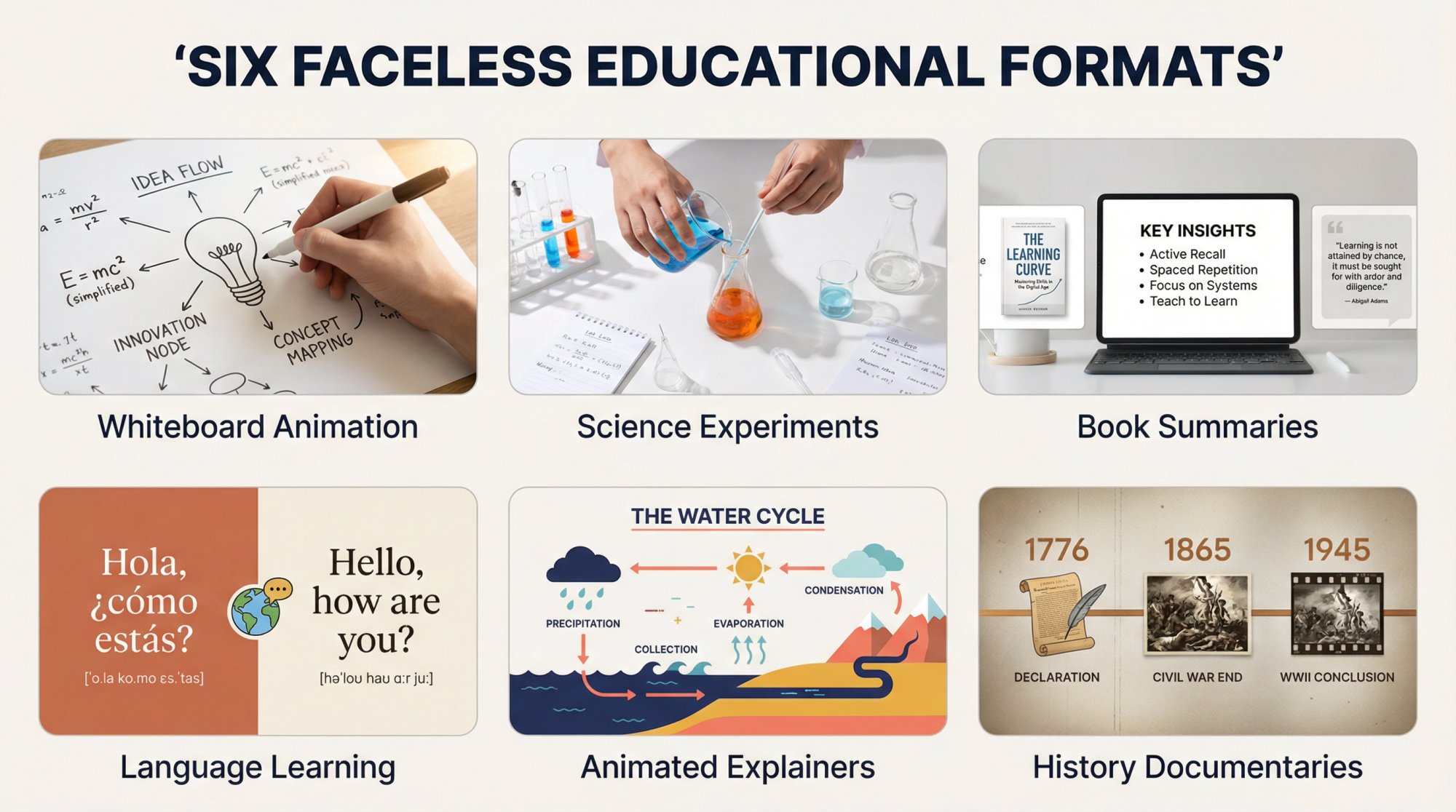 Split-panel infographic showing six educational video formats: whiteboard animation, science experiment hands, book summary slides, language learning text overlays, animated explainer graphics, and history documentary timeline