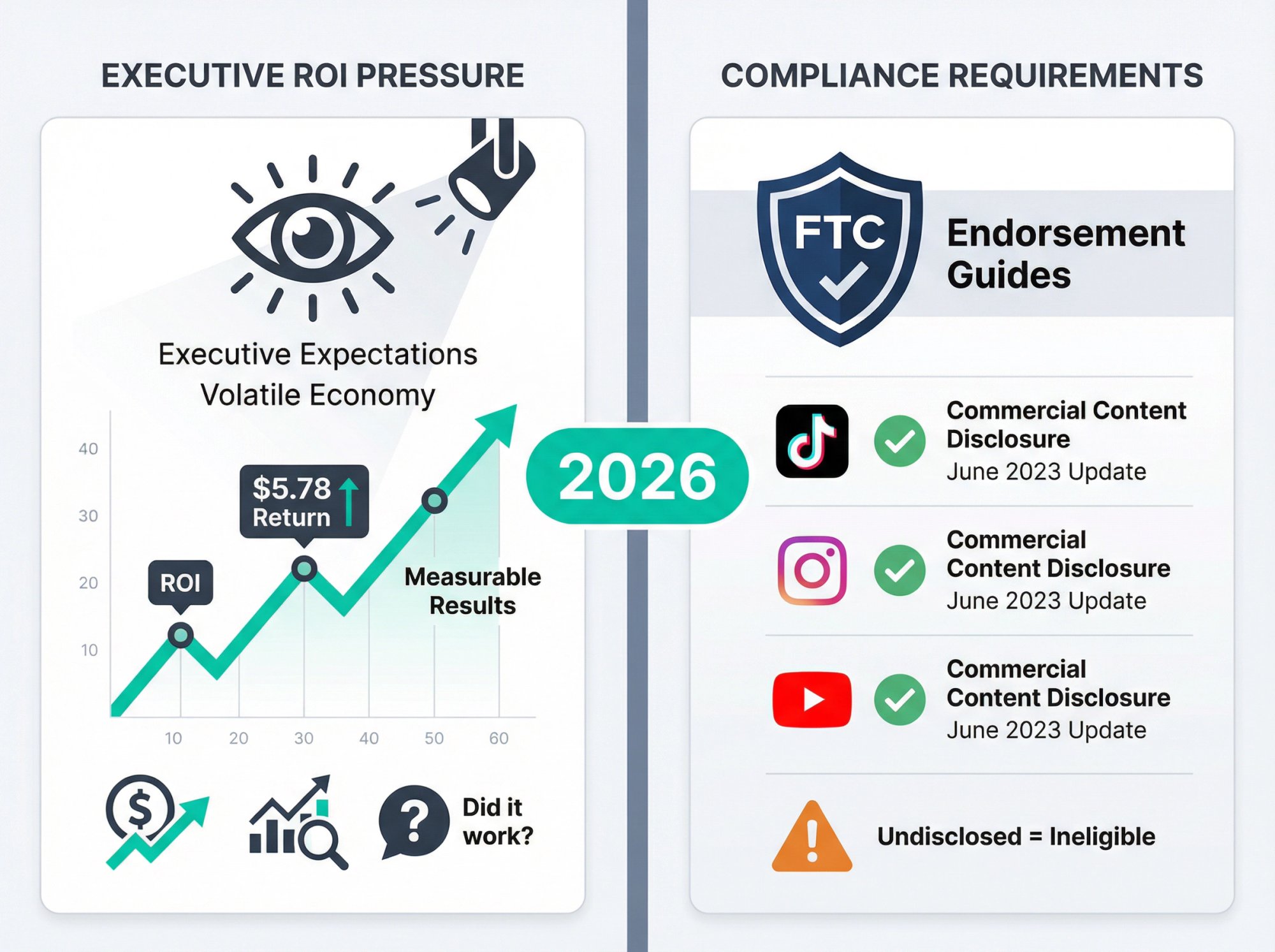 Split-panel infographic showing 2026 influencer marketing dual pressures: executive ROI expectations and FTC compliance requirements