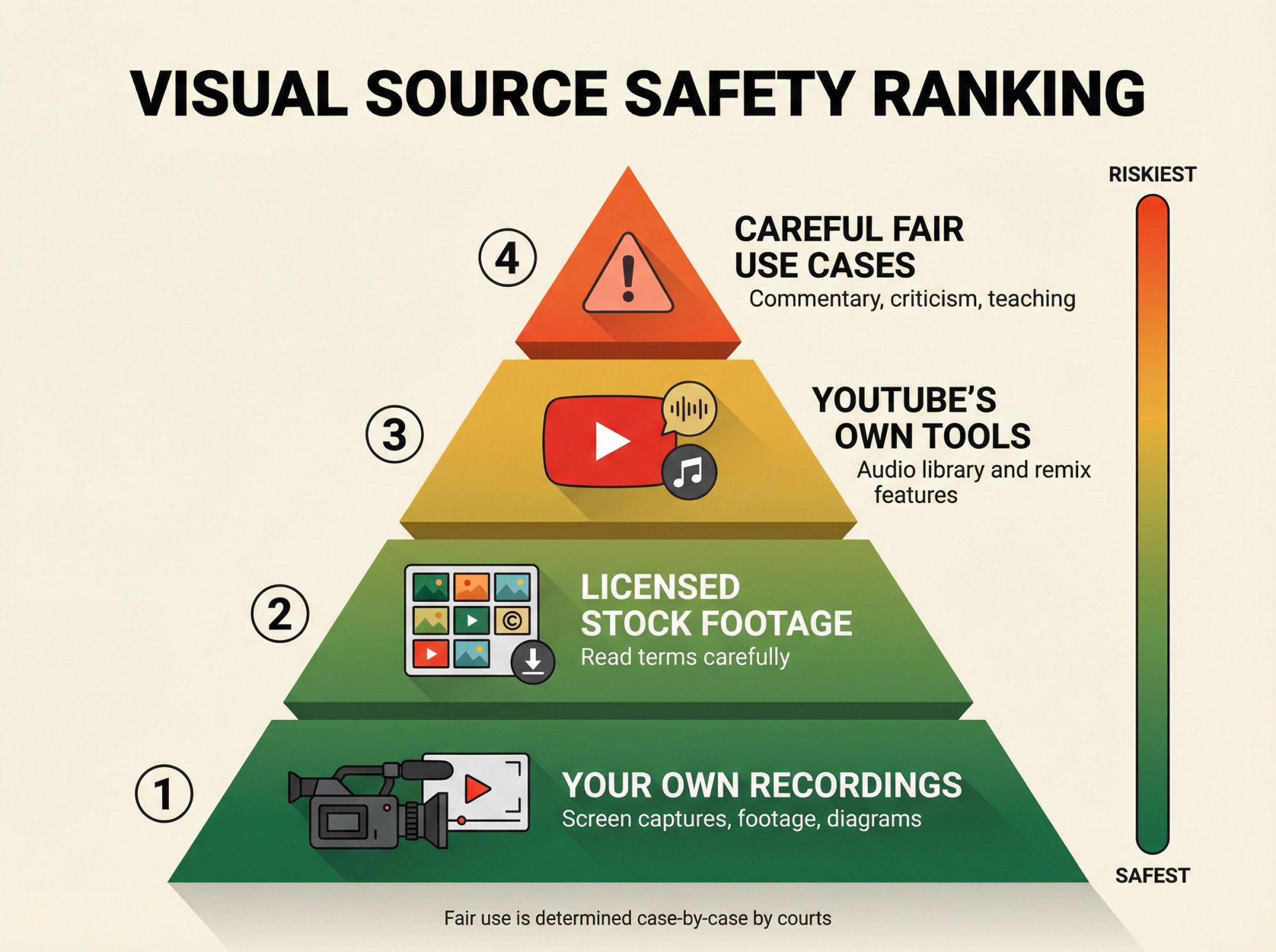 Pyramid diagram ranking safest copyright-free visual sources for YouTube from most to least safe