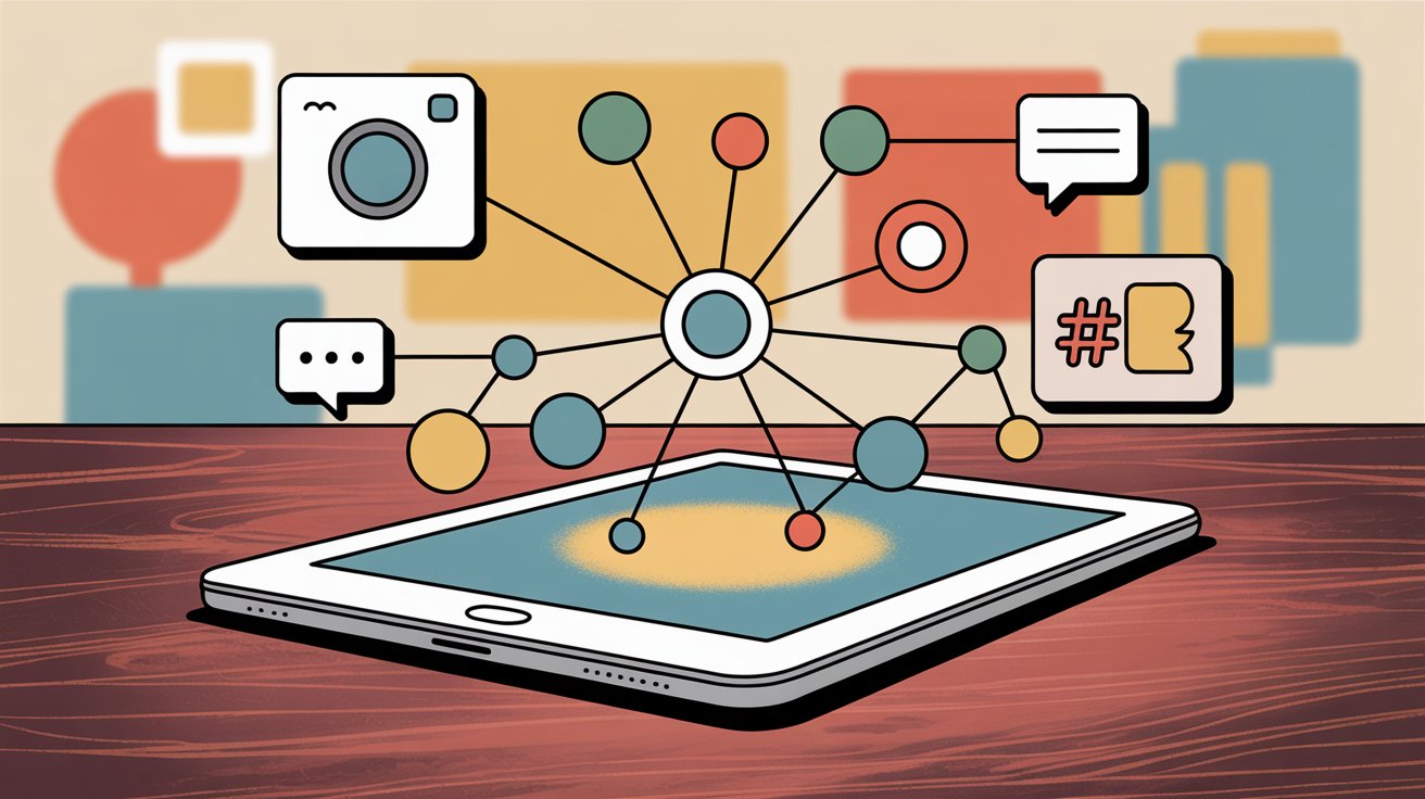 Tablet showing social media management platform with connected network of social channels