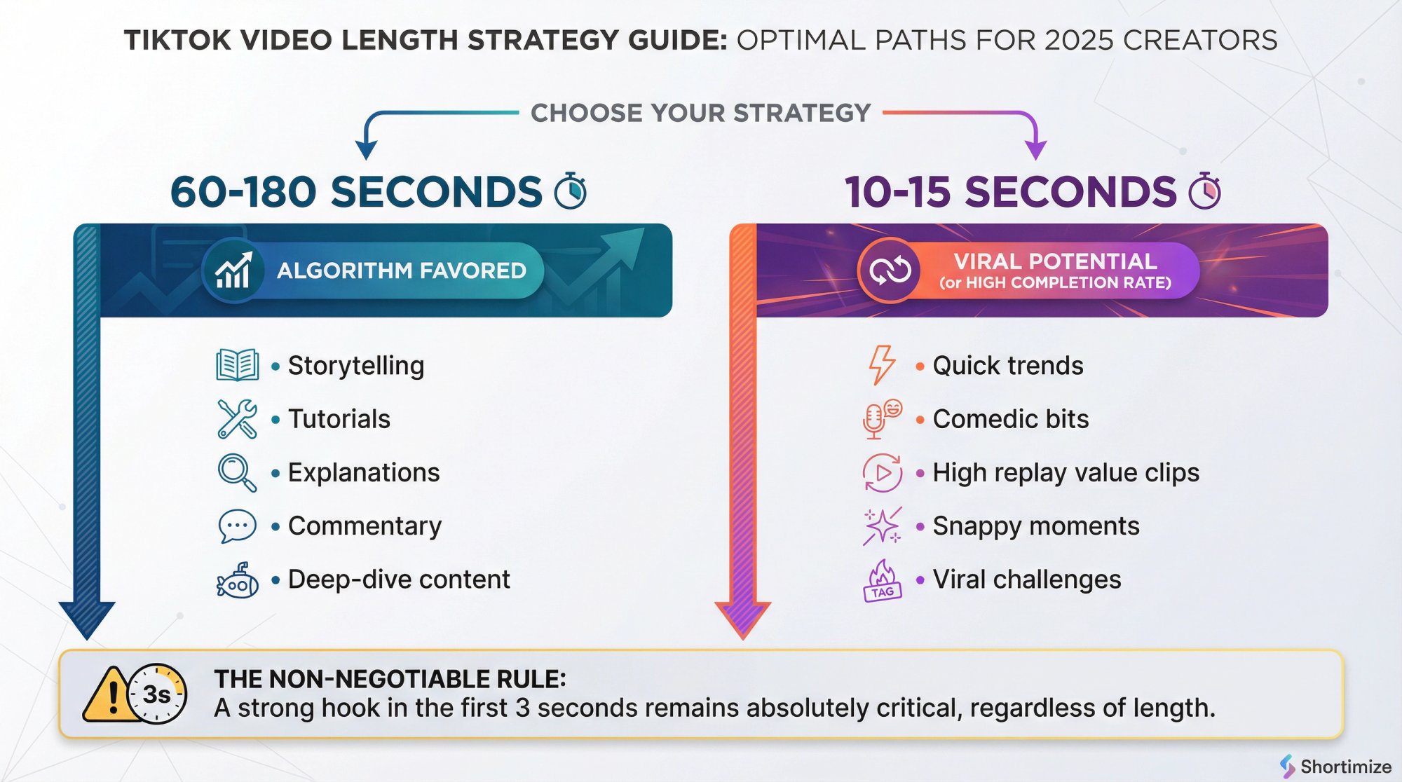TikTok video length decision guide showing two strategic paths: substantive content at 60-180 seconds versus trend-driven content at 10-15 seconds