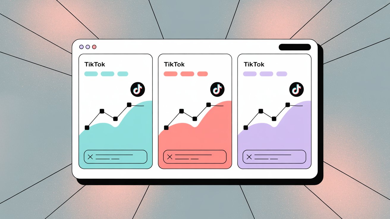Three TikTok account analytics dashboards side by side showing comparative metrics, trend lines, and performance indicators