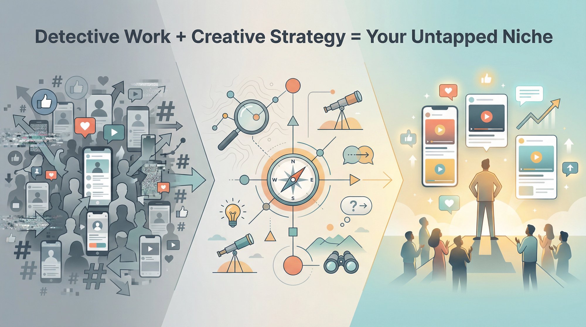 Visual metaphor showing a content creator's path forward from crowded markets to discovering untapped niche opportunities