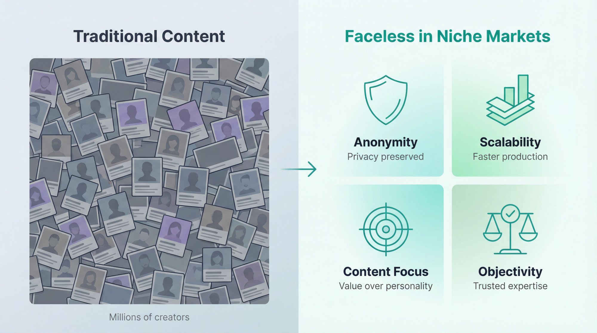 Visual comparison showing why faceless content thrives in niche markets through four key advantages
