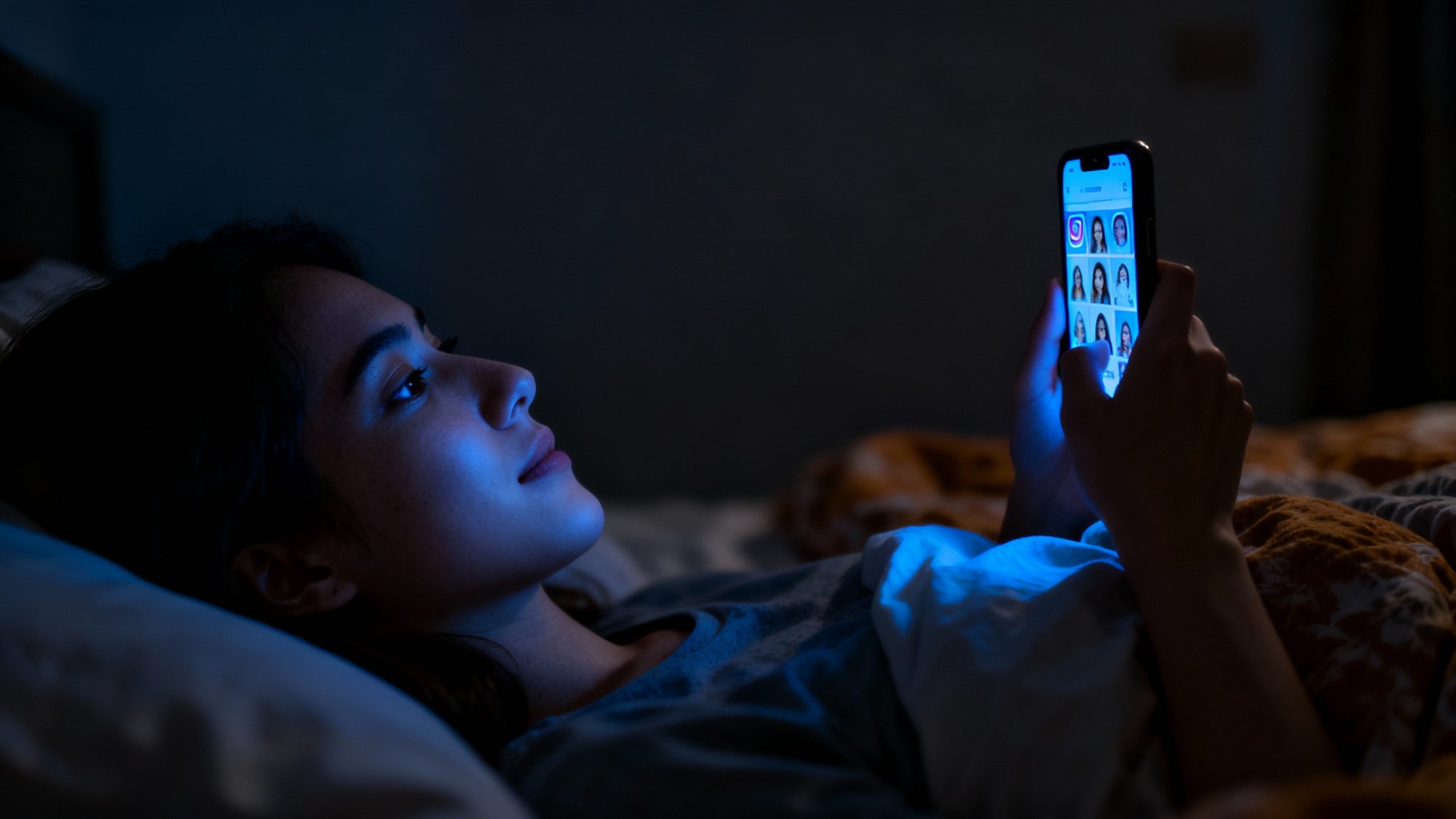 Person scrolling Instagram in bed at night showing the night owl audience that makes late-night posting effective