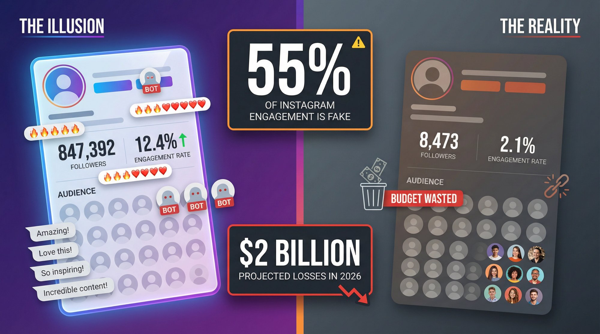 Split-screen infographic showing the $2B fake engagement crisis with inflated metrics versus authentic influencer reality