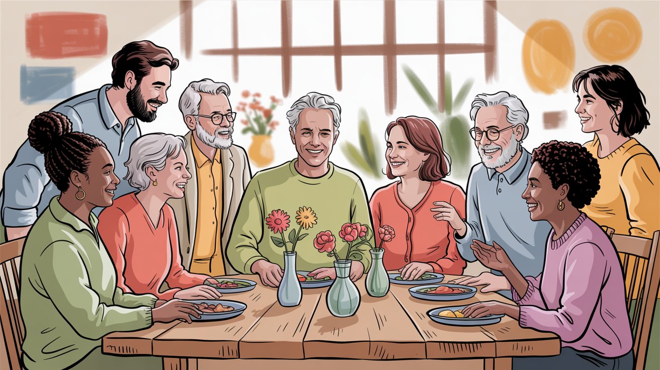 Diverse group of people gathered around table in warm community setting with conversation and connection