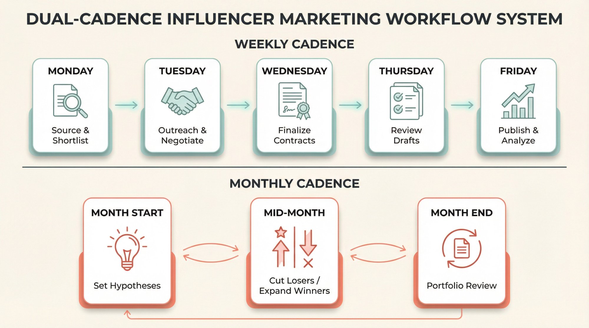 Dual-cadence influencer marketing workflow calendar showing weekly tasks and monthly optimization cycles