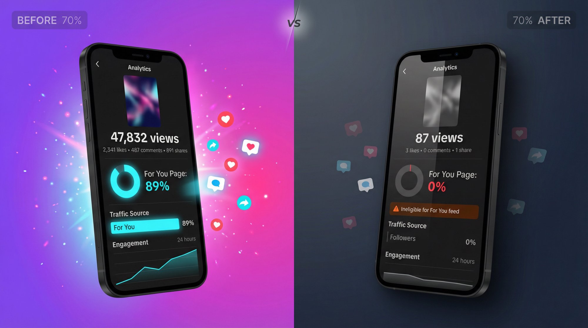 Split comparison showing TikTok analytics before and after video suppression, illustrating shadowban effect